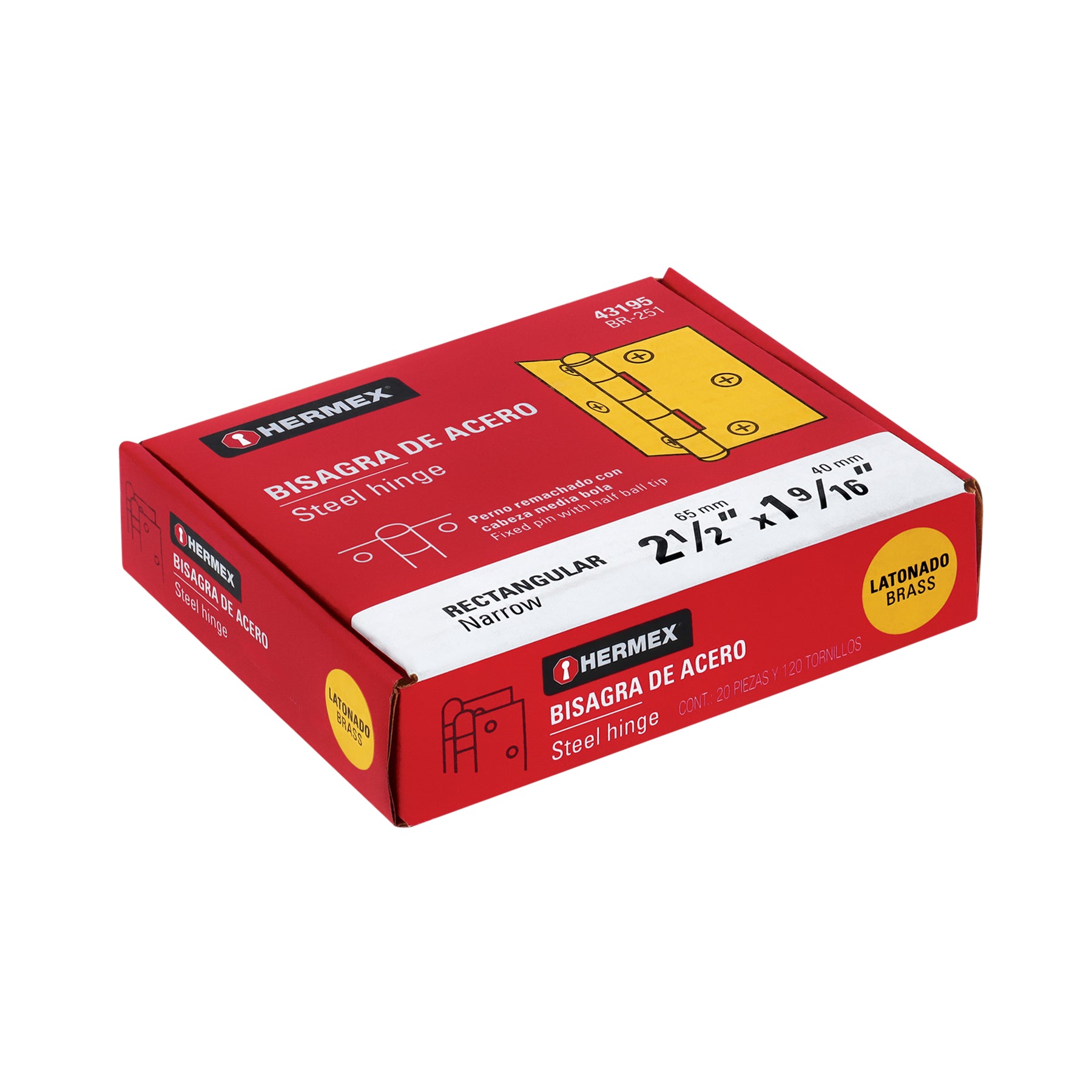 Bisagra rectangular 2-1/2", acero latonado