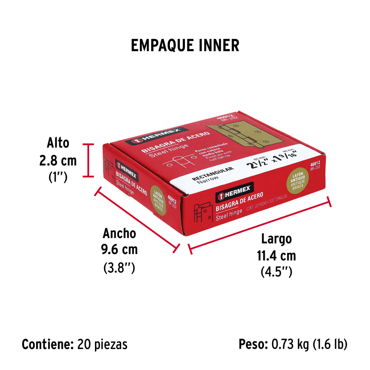 Bisagra rectangular 2-1/2' latón antiguo, Hermex
