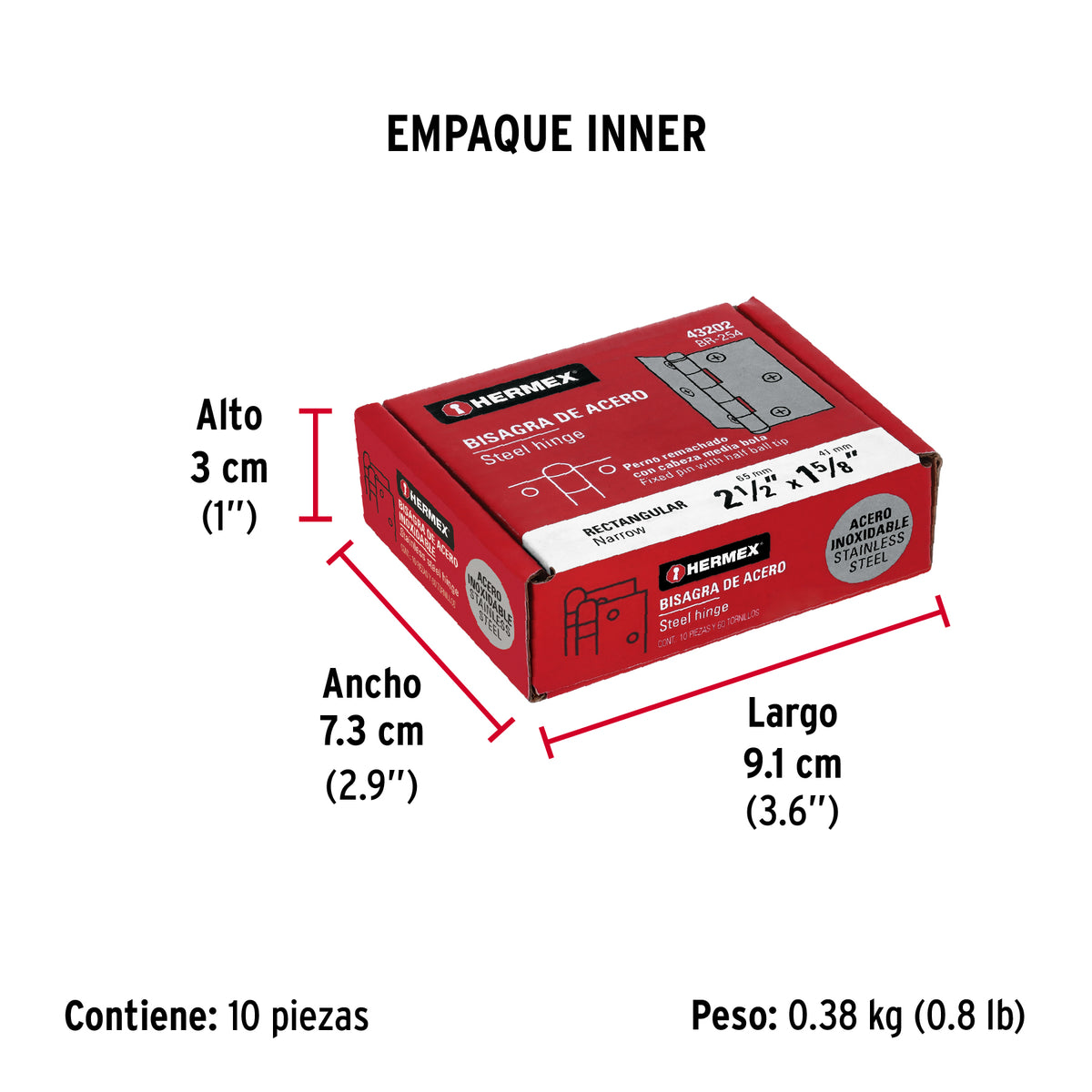 Bisagra rectangular 2-1/2", acero inoxidable