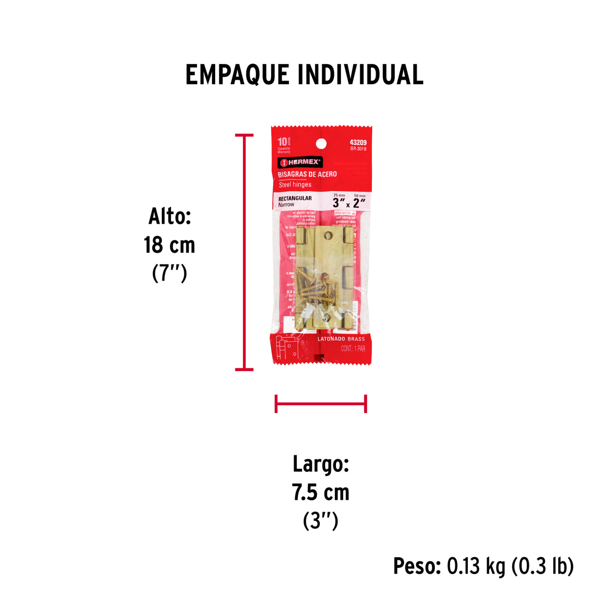 Bisagra rectangular 3", latón, blister con 2 pzas
