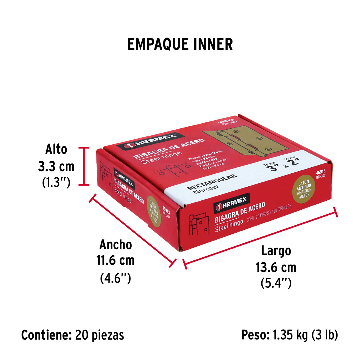 Bisagra rectangular 3' latón antiguo, Hermex