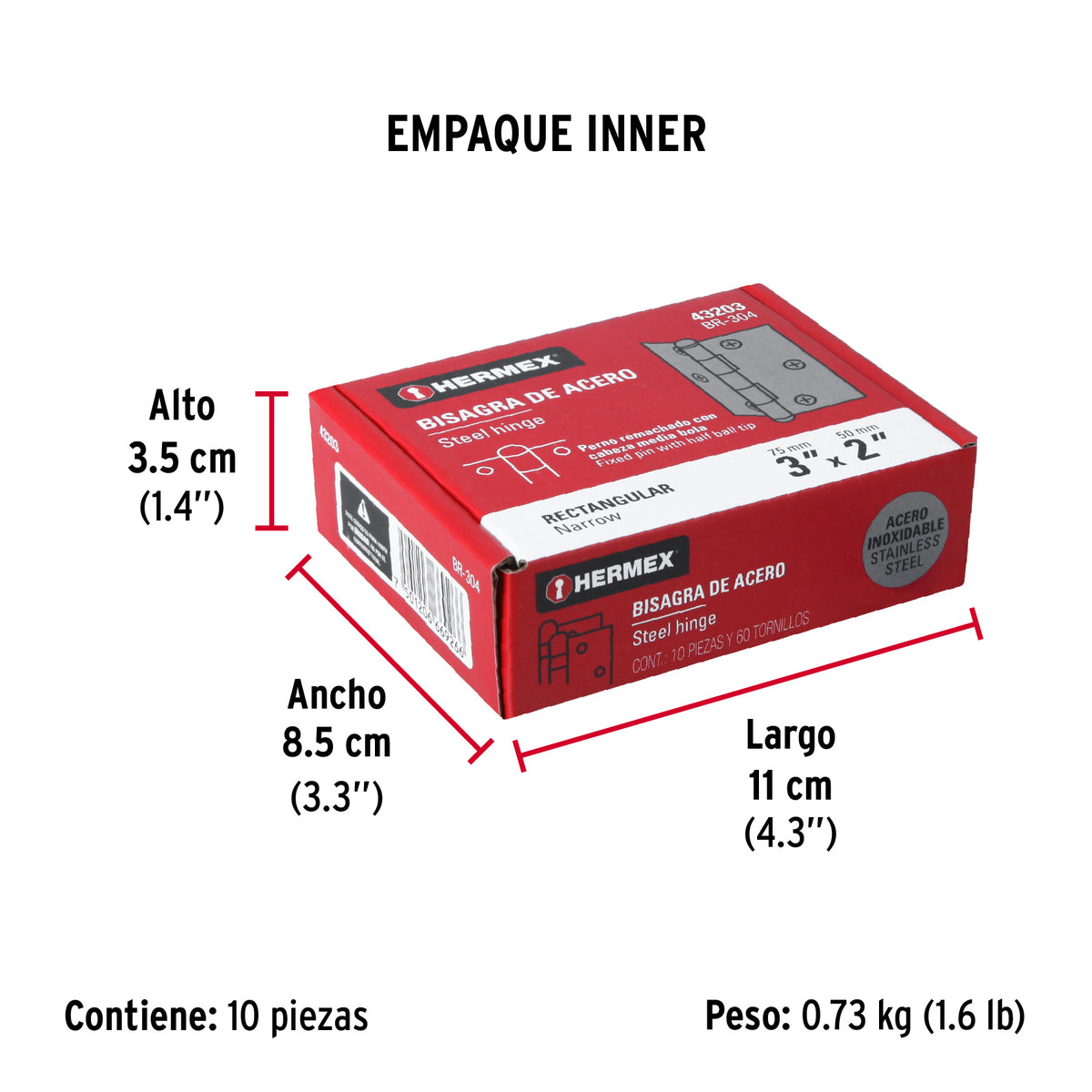 Bisagra rectangular 3", acero inoxidable