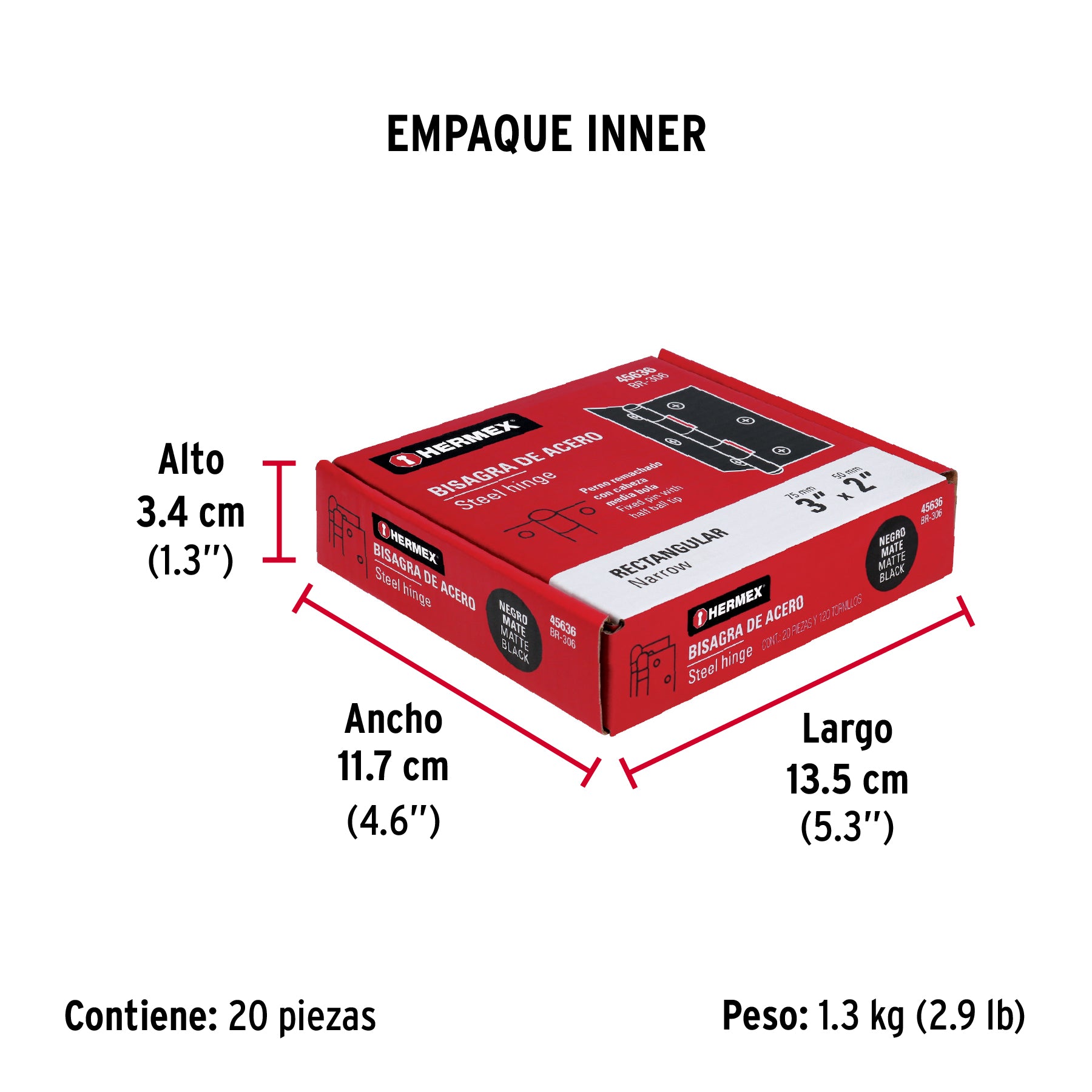 Bisagra rectangular 3' negra, Hermex