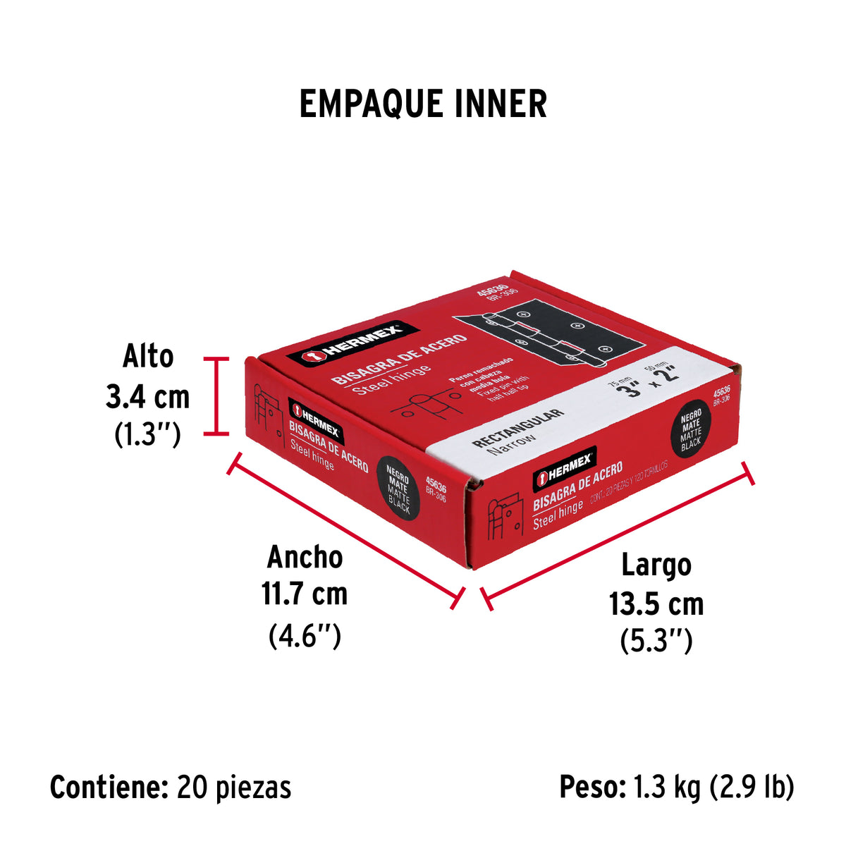 Bisagra rectangular 3' negra, Hermex
