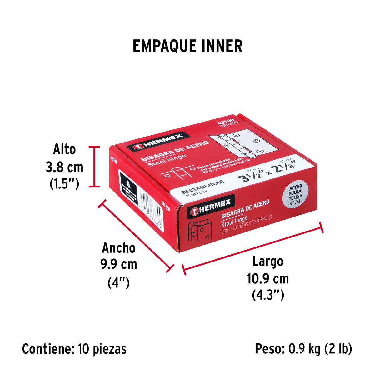 Bisagra rectangular 3-1/2", acero pulido