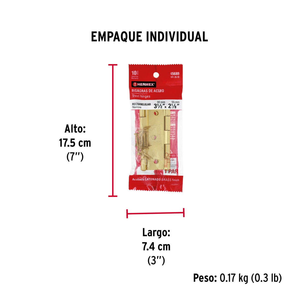 Bolsa con 2 bisagras rectangulares 3-1/2', acero latonado