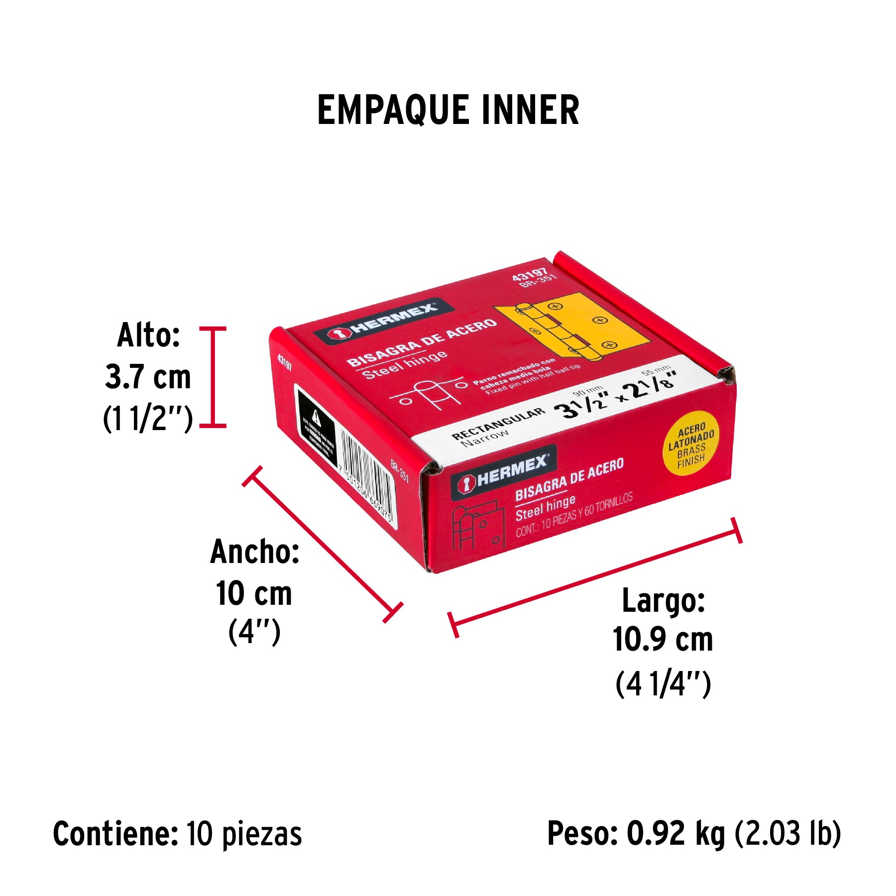 Bisagra rectangular 3-1/2", acero latonado