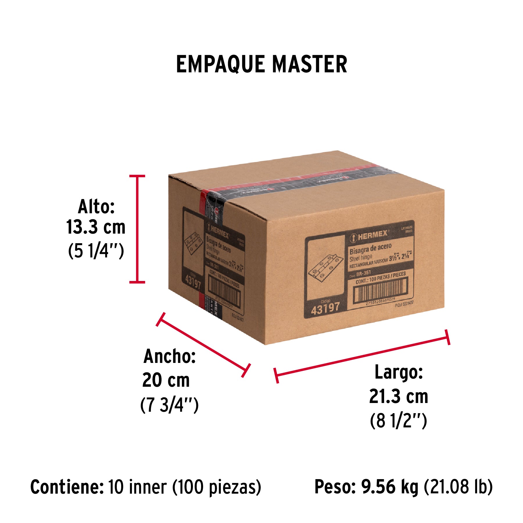 Bisagra rectangular 3-1/2", acero latonado