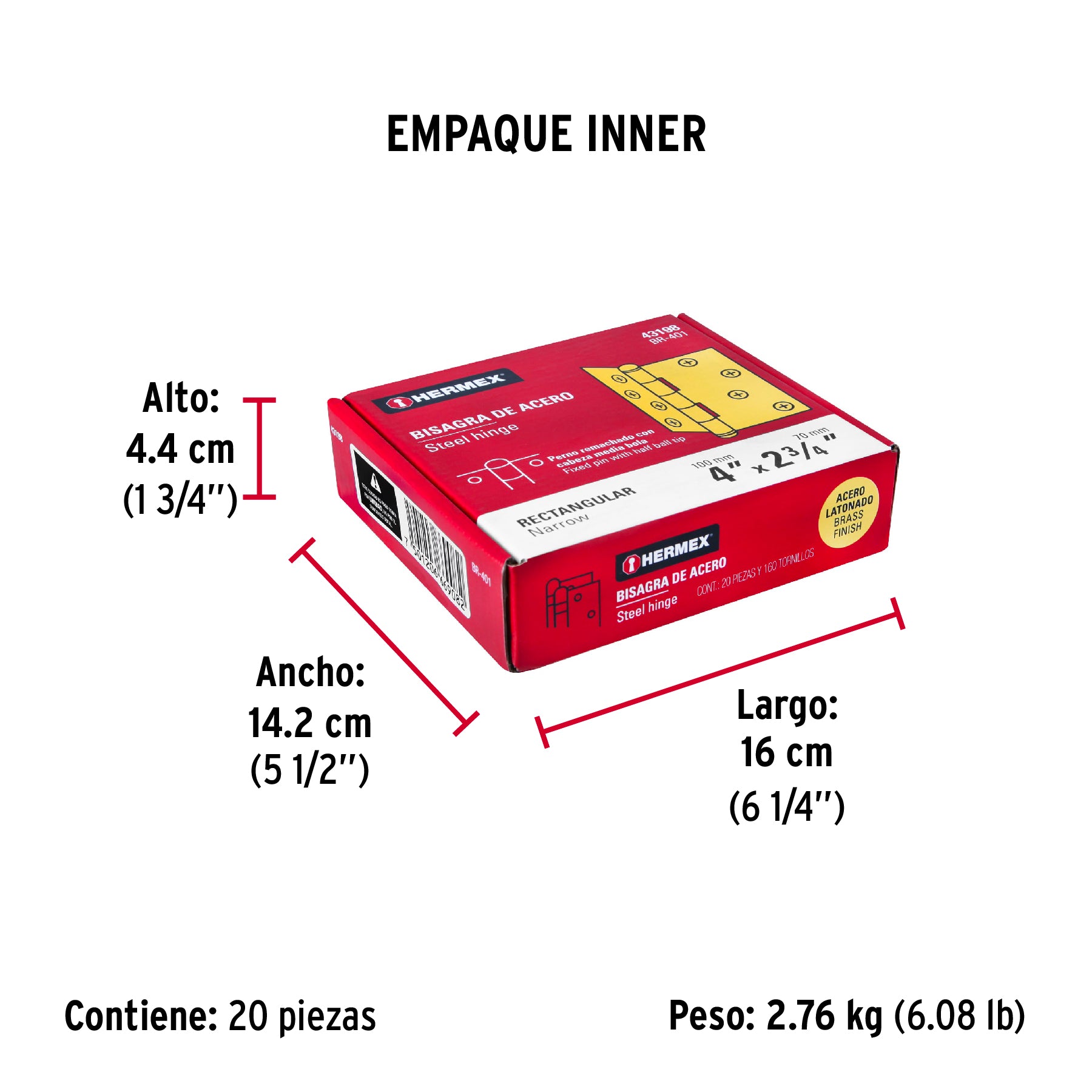 Bisagra rectangular 4", acero latonado