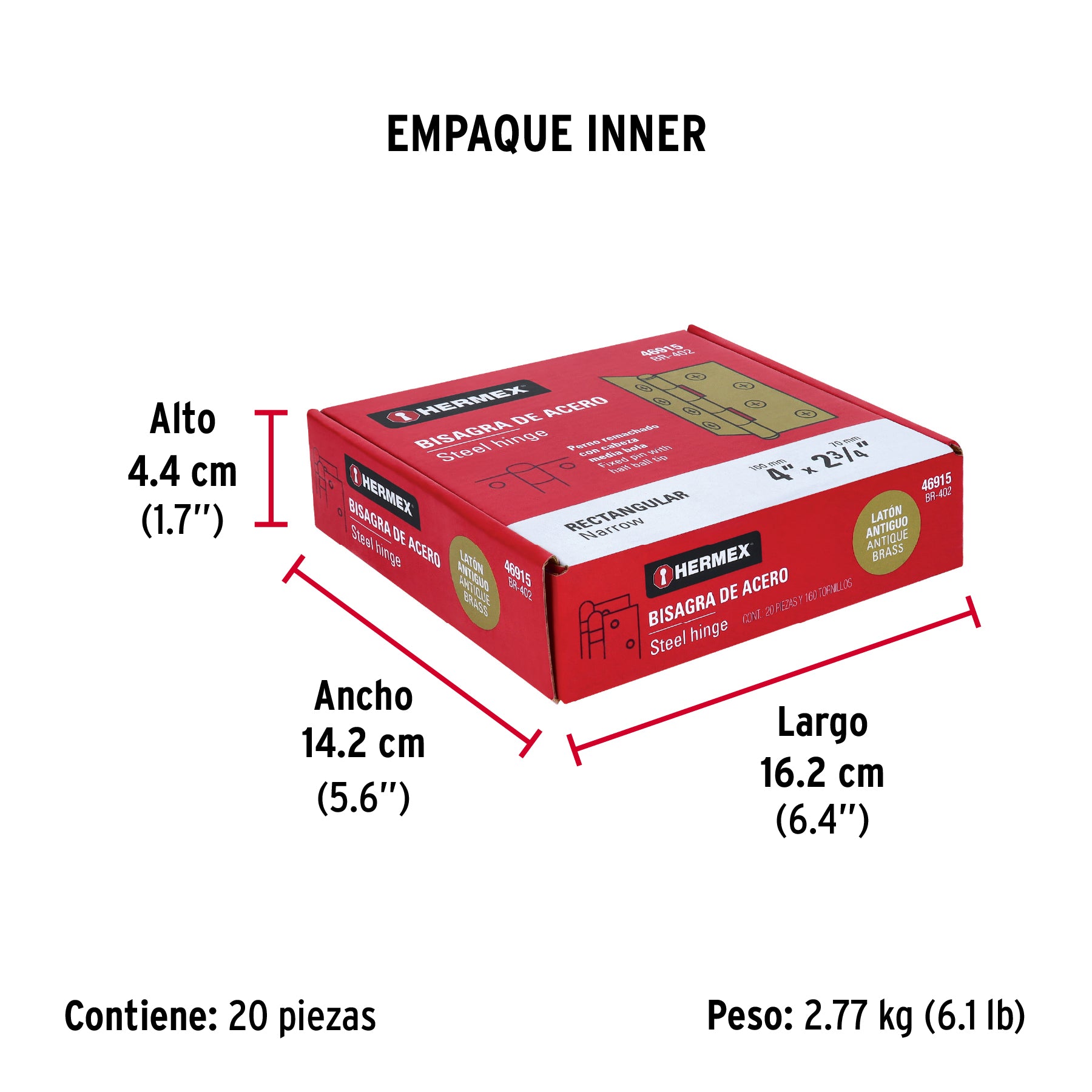 Bisagra rectangular 4' latón antiguo, Hermex