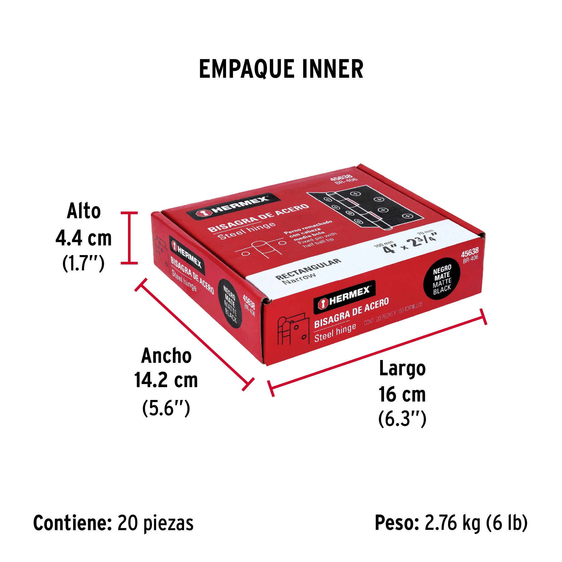 Bisagra rectangular 4' negra, Hermex