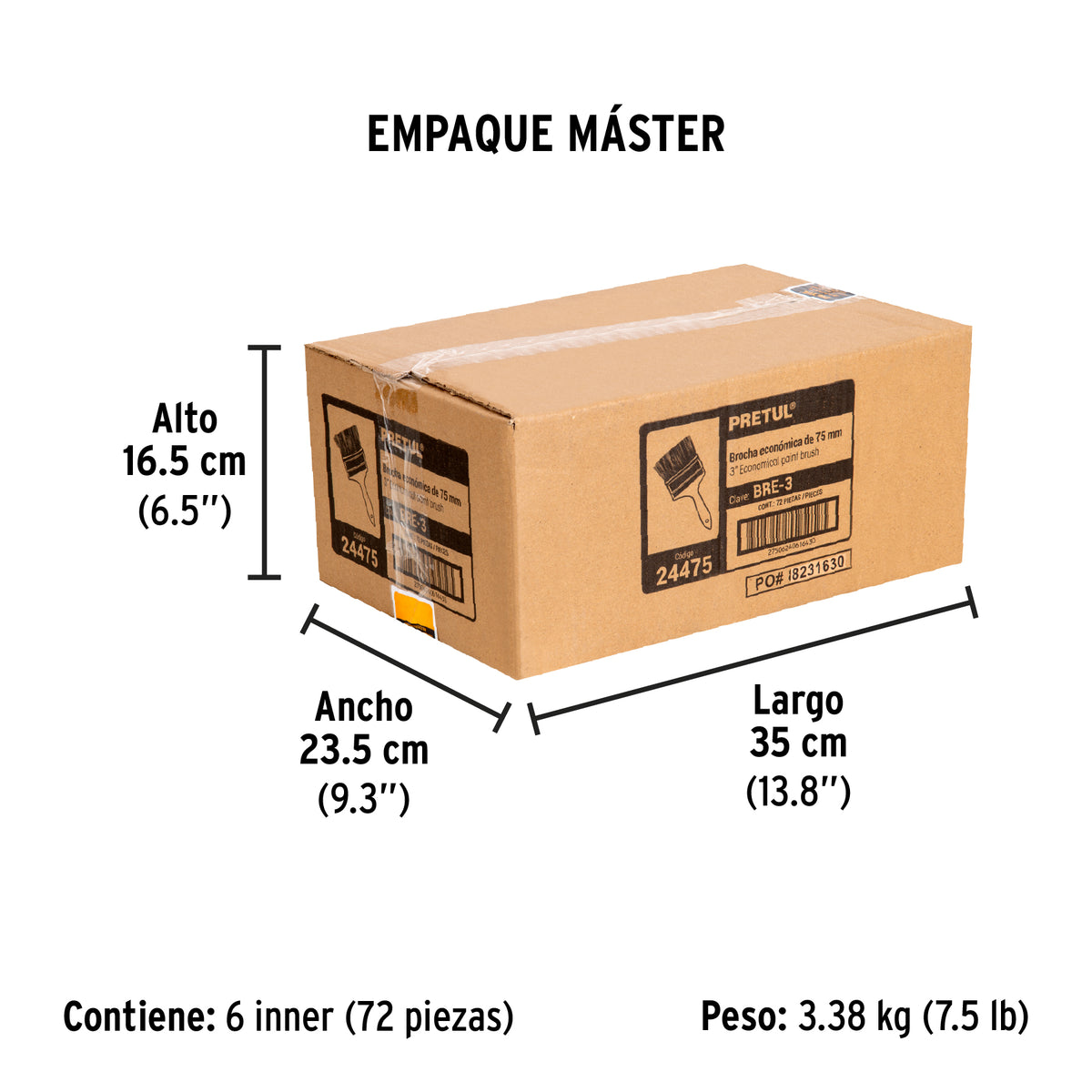 Brocha económica, mango de madera, 3", Pretul
