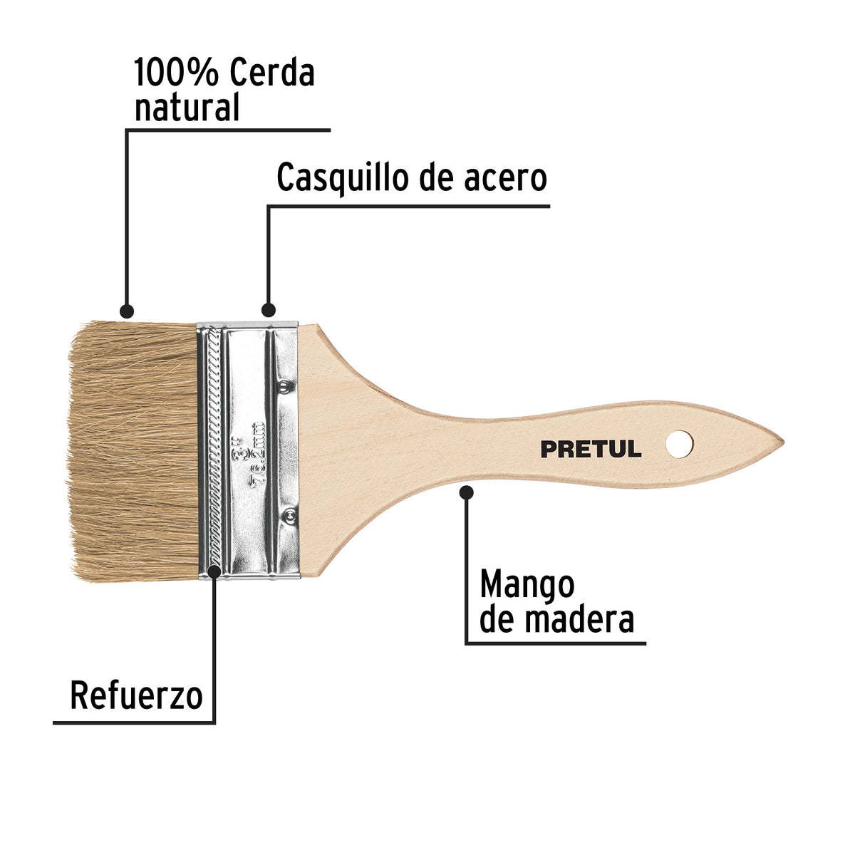 Brocha económica, mango de madera, 3", Pretul