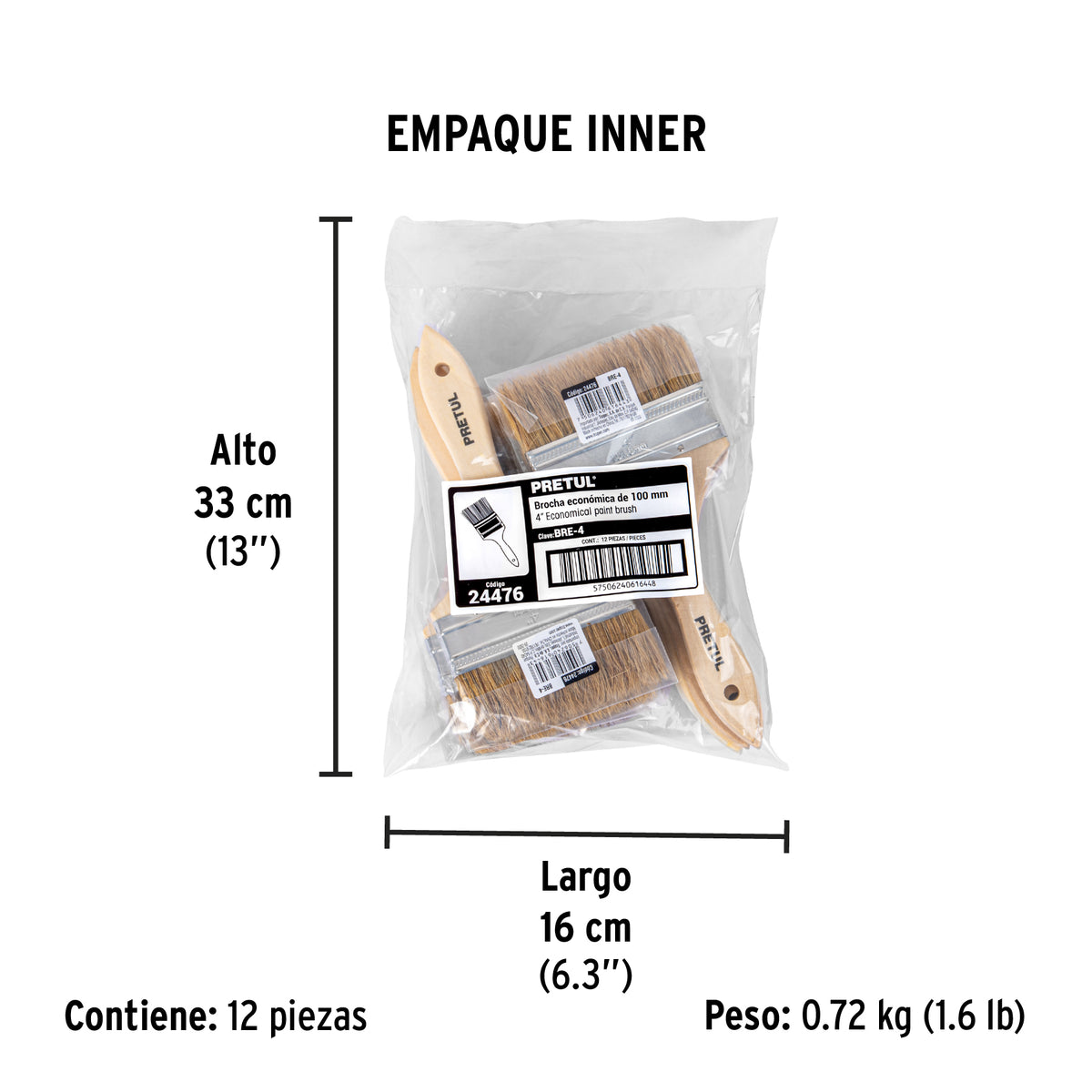 Brocha económica, mango de madera, 4", Pretul