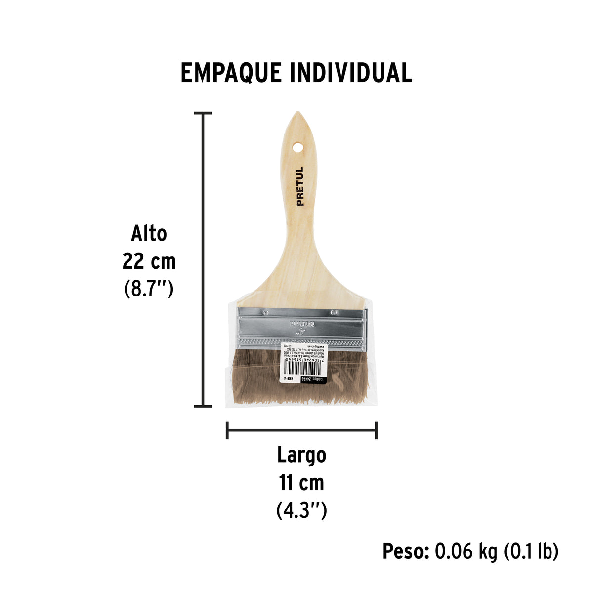 Brocha económica, mango de madera, 4", Pretul