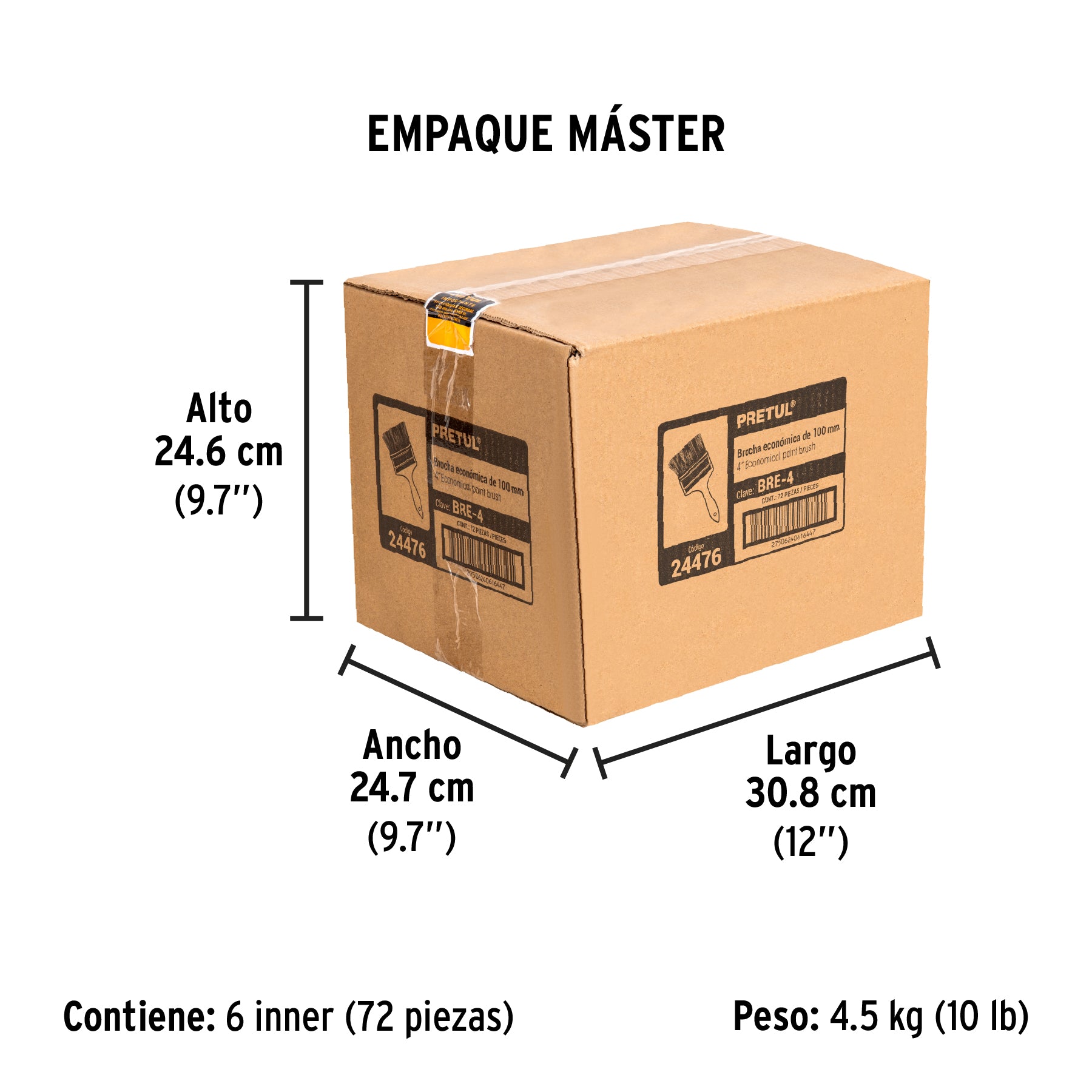 Brocha económica, mango de madera, 4", Pretul