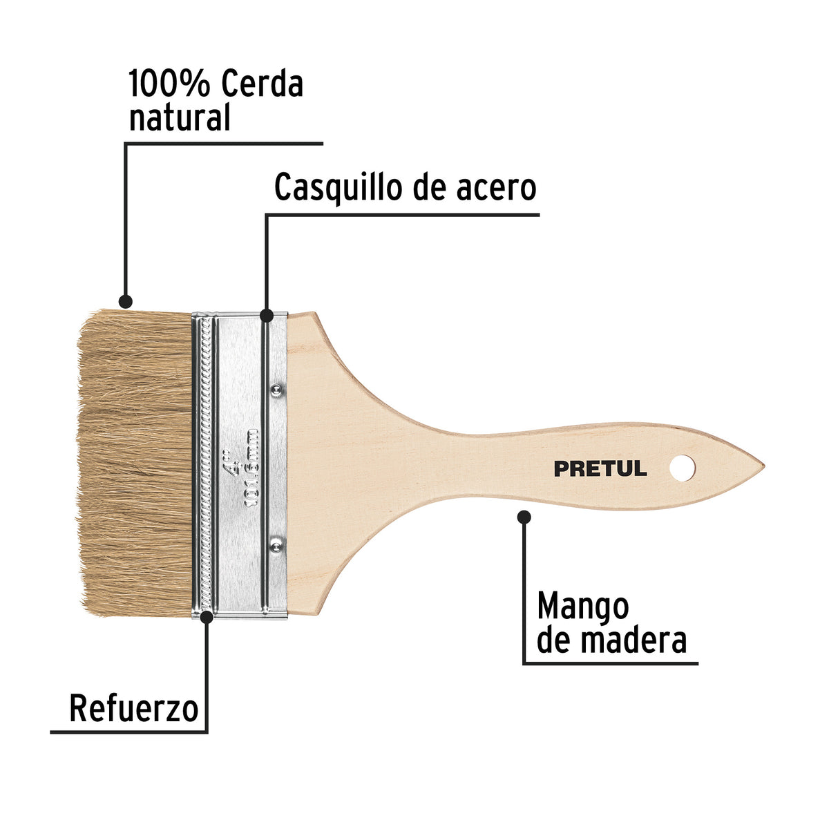 Brocha económica, mango de madera, 4", Pretul