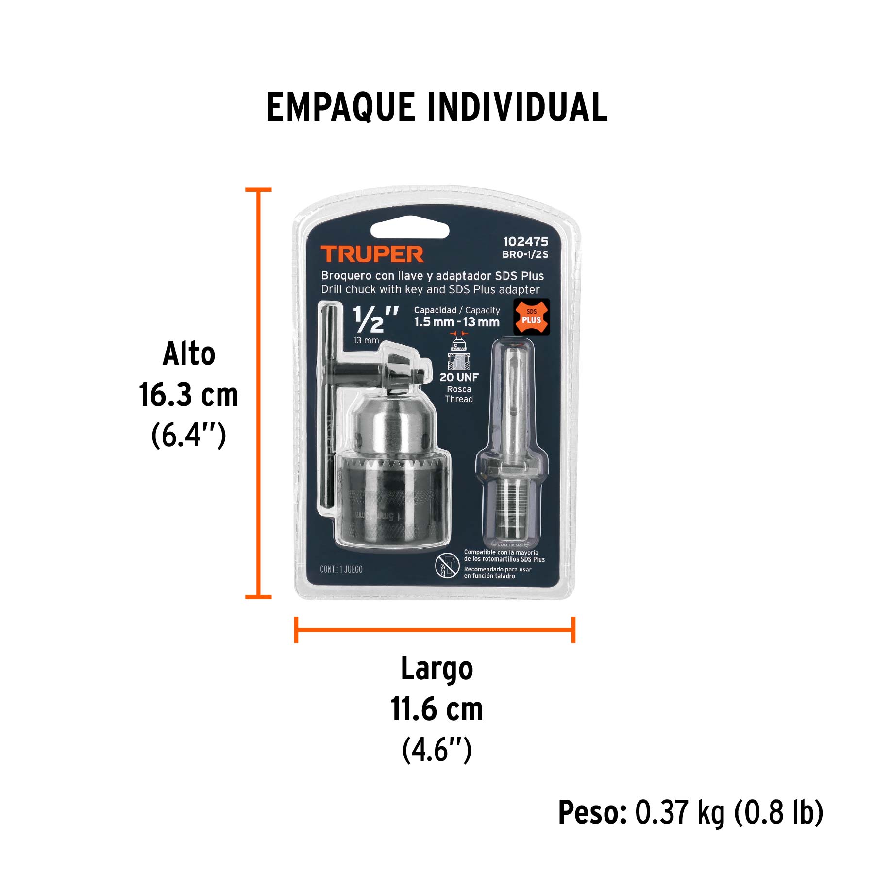Broquero con llave, 1/2' con adaptador SDS Plus, Truper