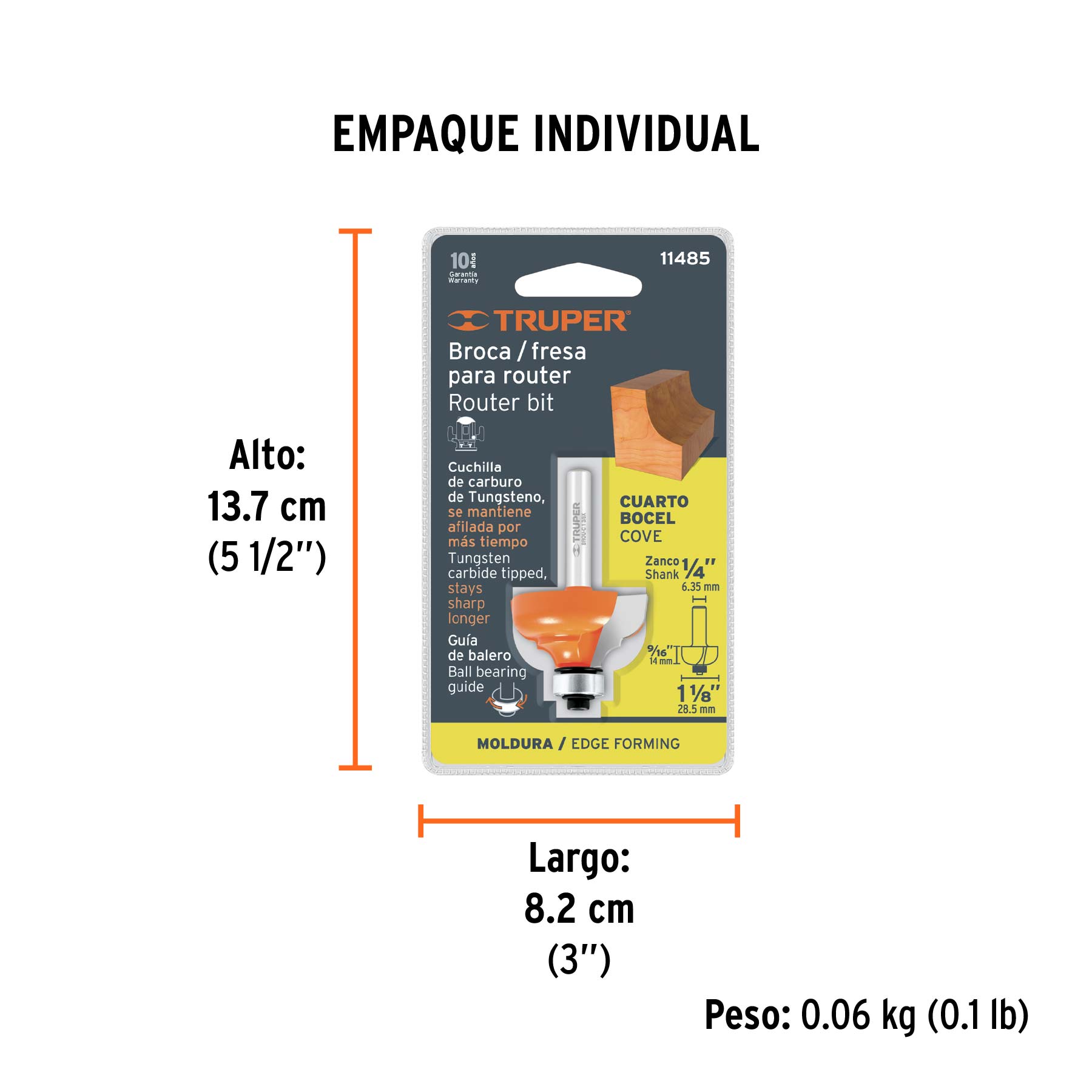 Broca para router, bocel cuarto, 1-1/8" con balero