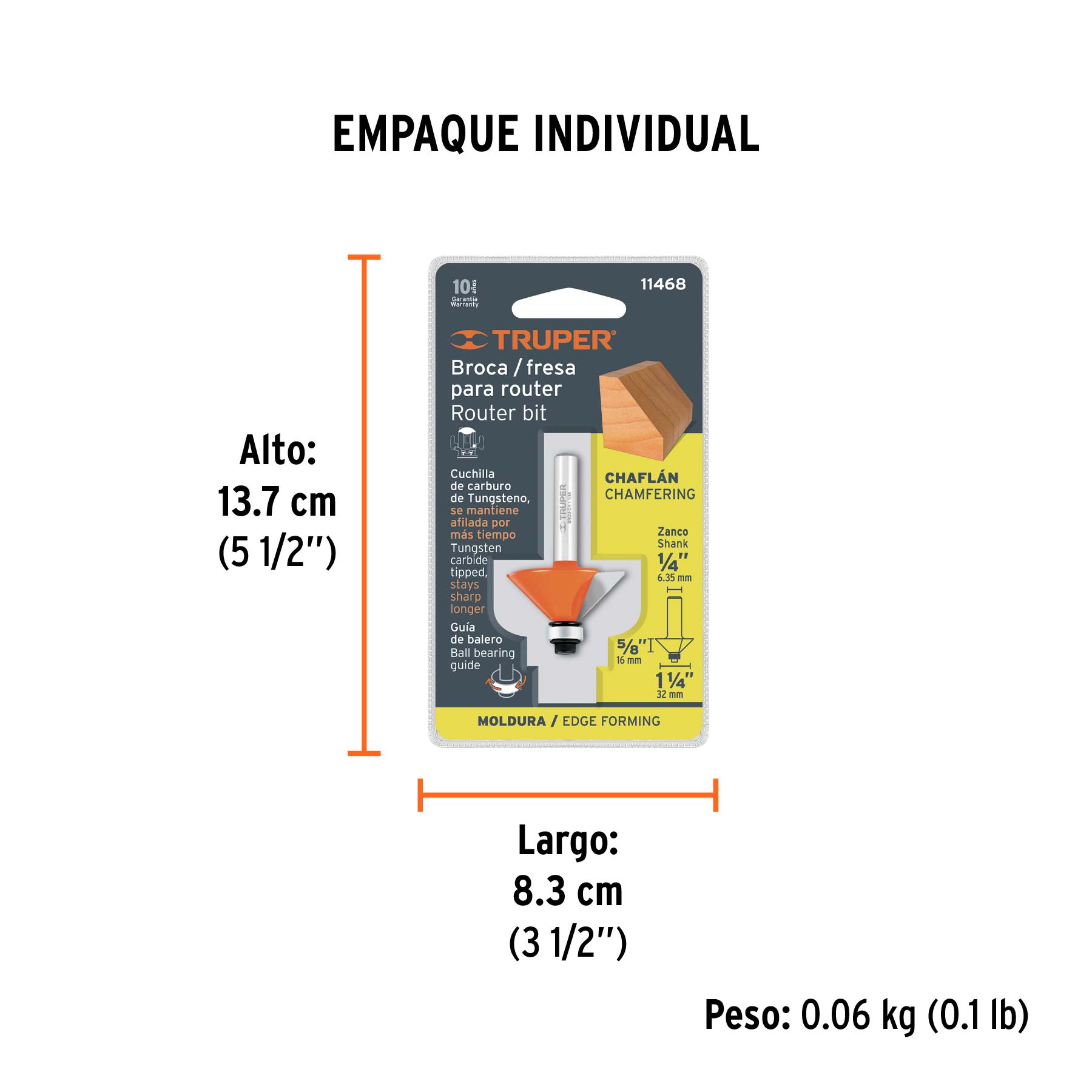 Broca para router, chaflán, 1-1/4" con balero