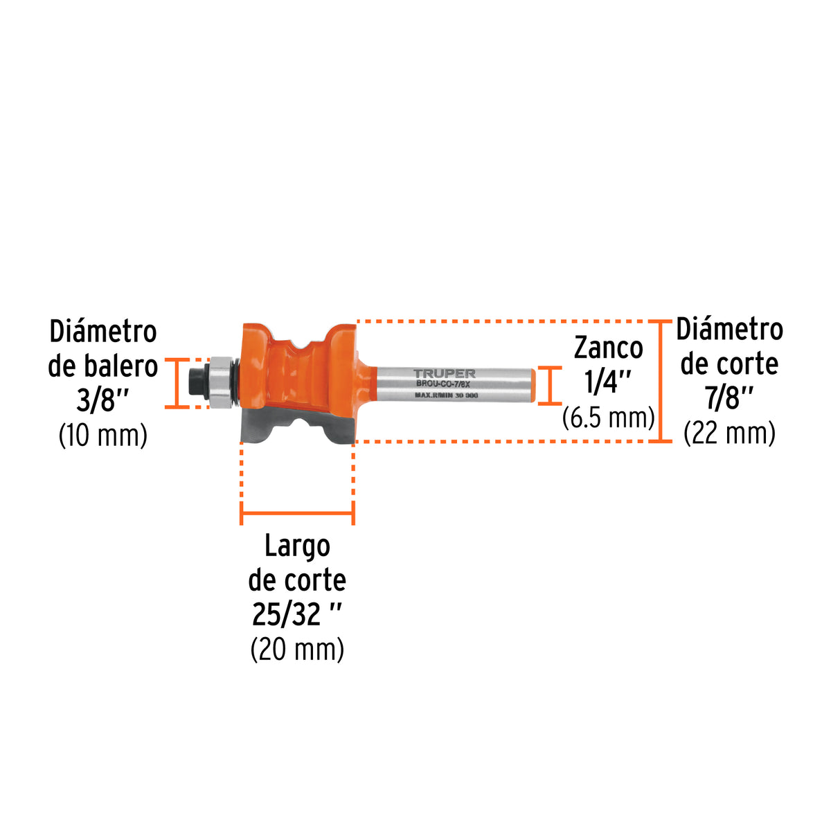 Broca para router, collarin, 7/8" con balero