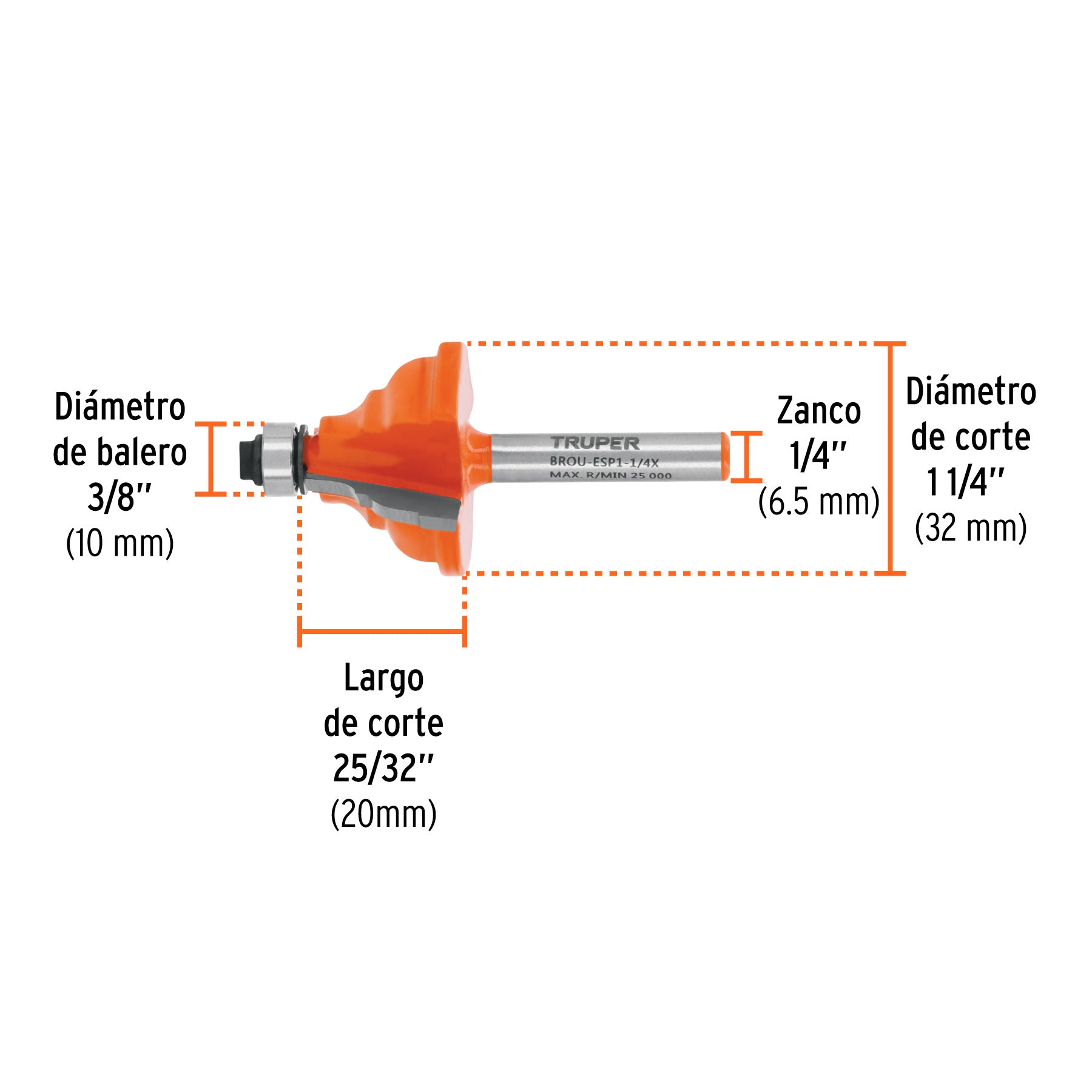 Broca para router, española, 1-1/4", con balero