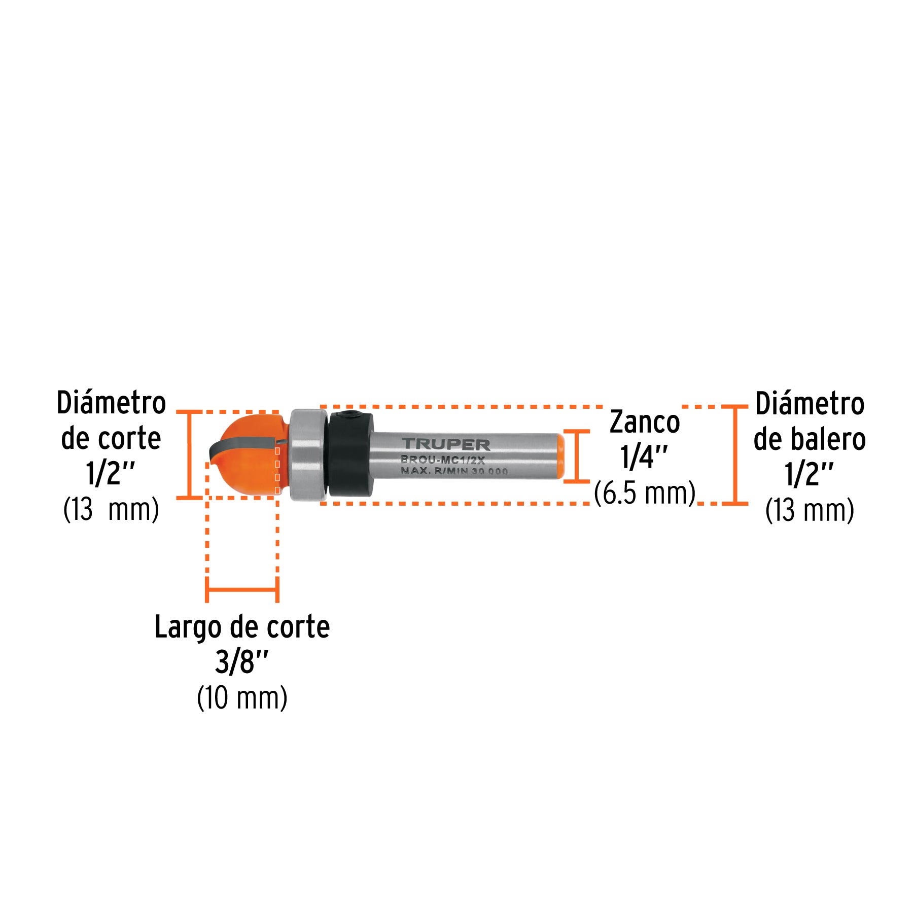 Broca para router, media caña, 1/2" con balero