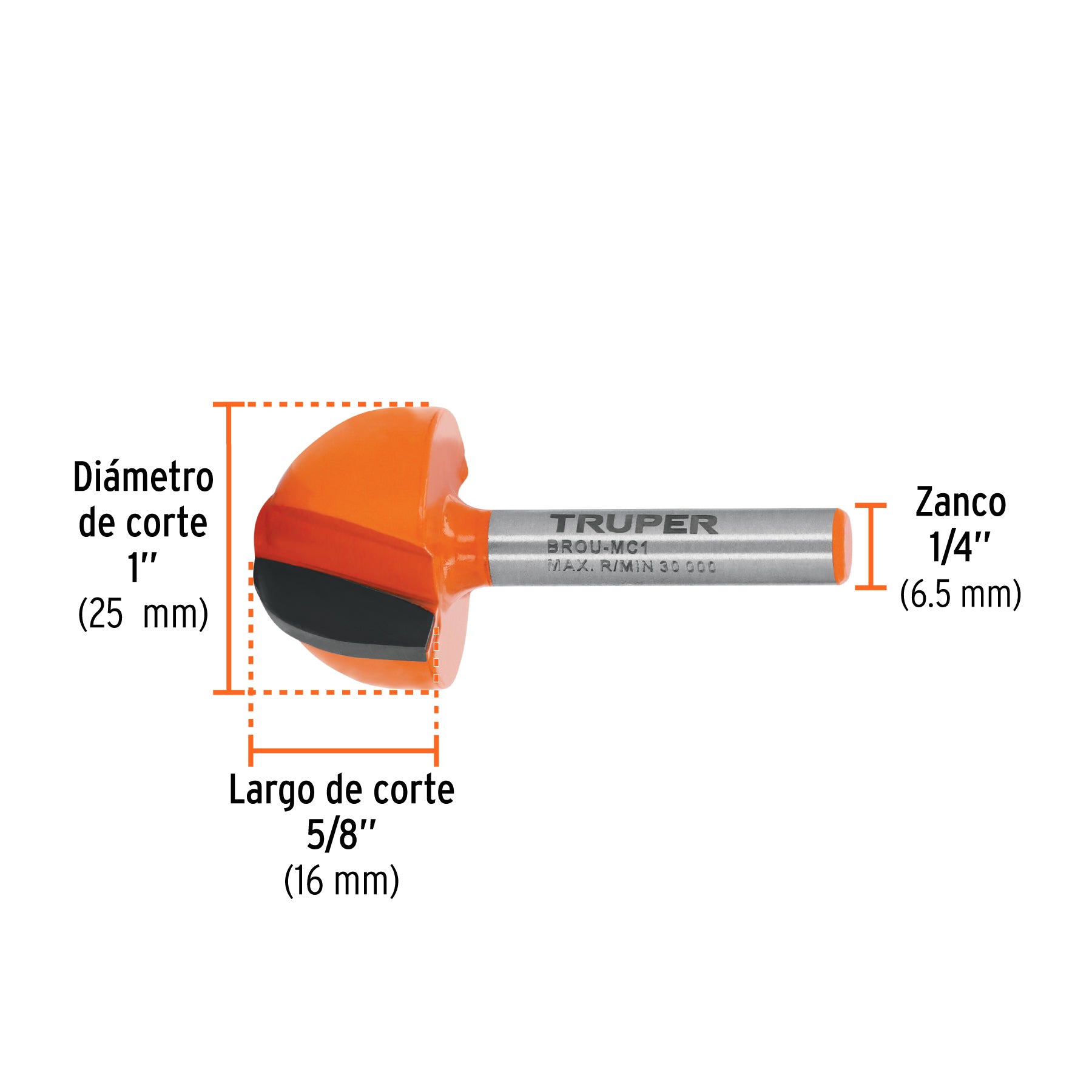 Broca para router, media caña, 1'