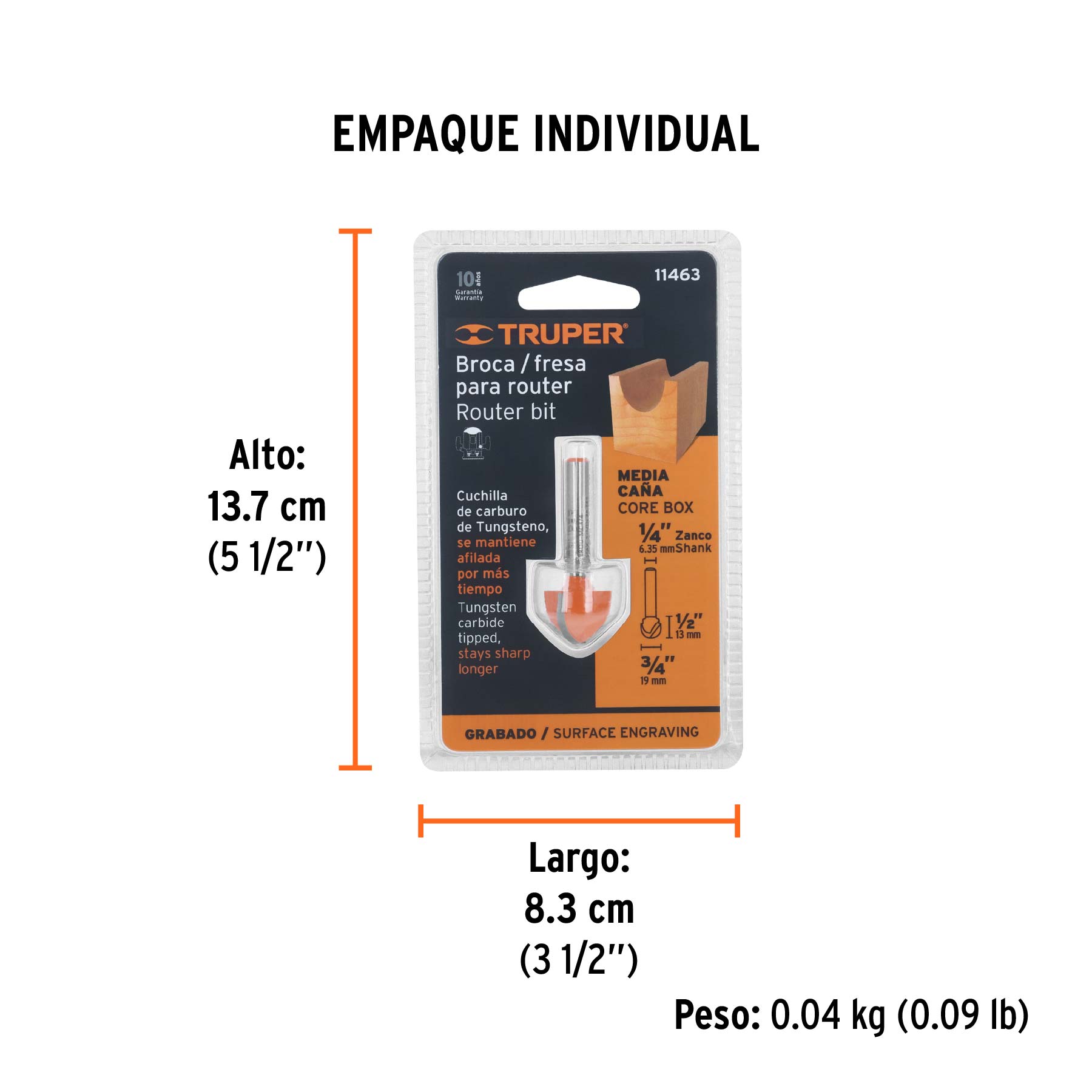 Broca para router, media caña, 3/4"