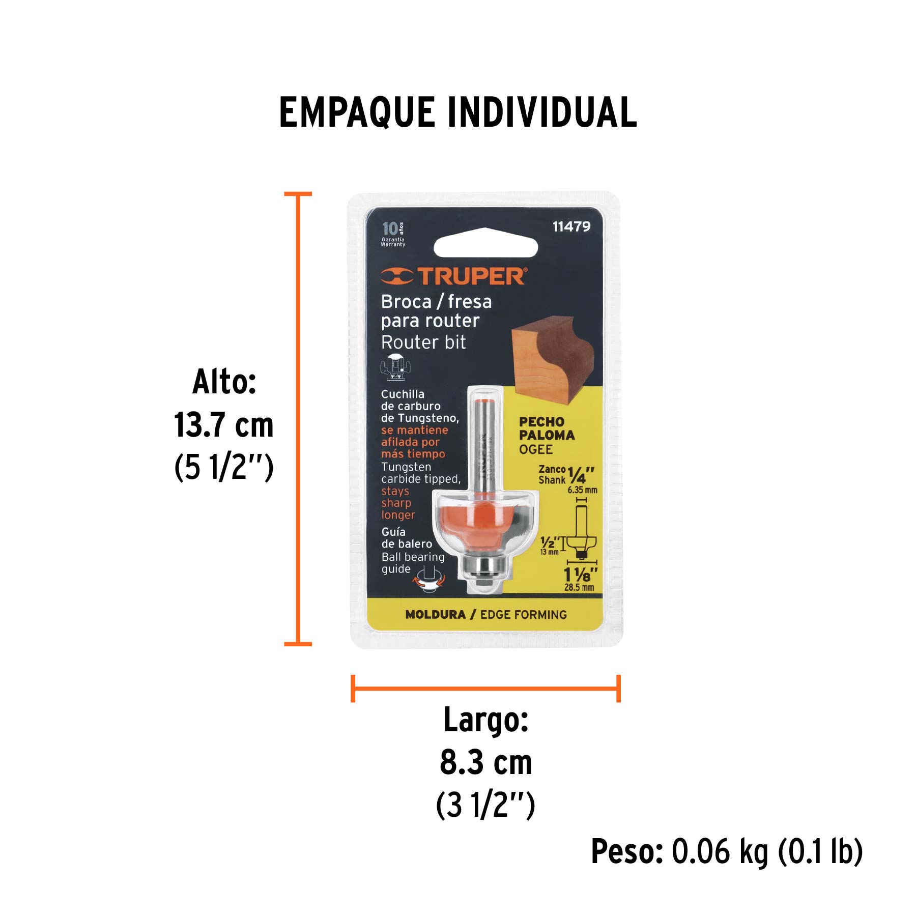Broca para router, pecho paloma, 1-1/8" con balero