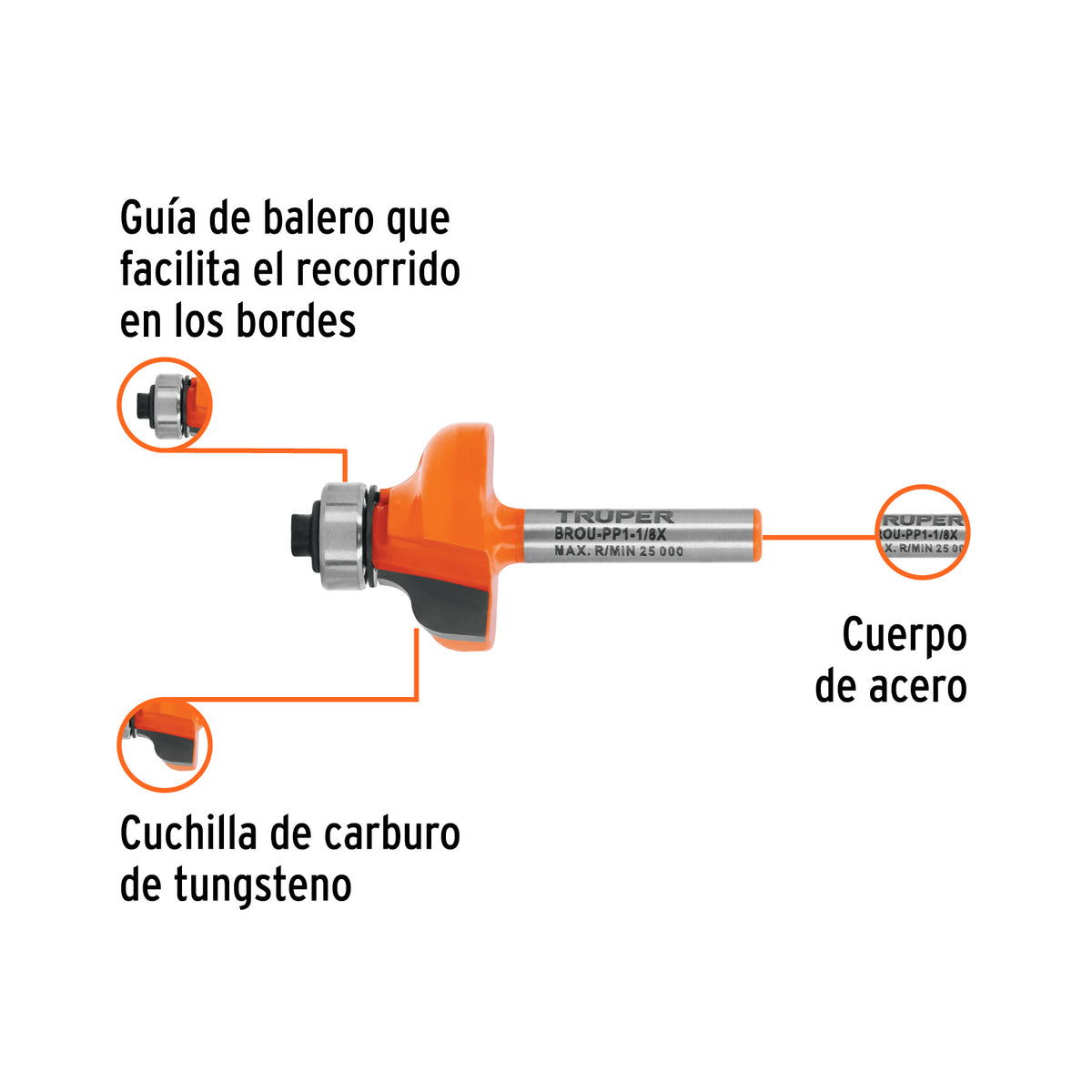 Broca para router, pecho paloma, 1-1/8" con balero
