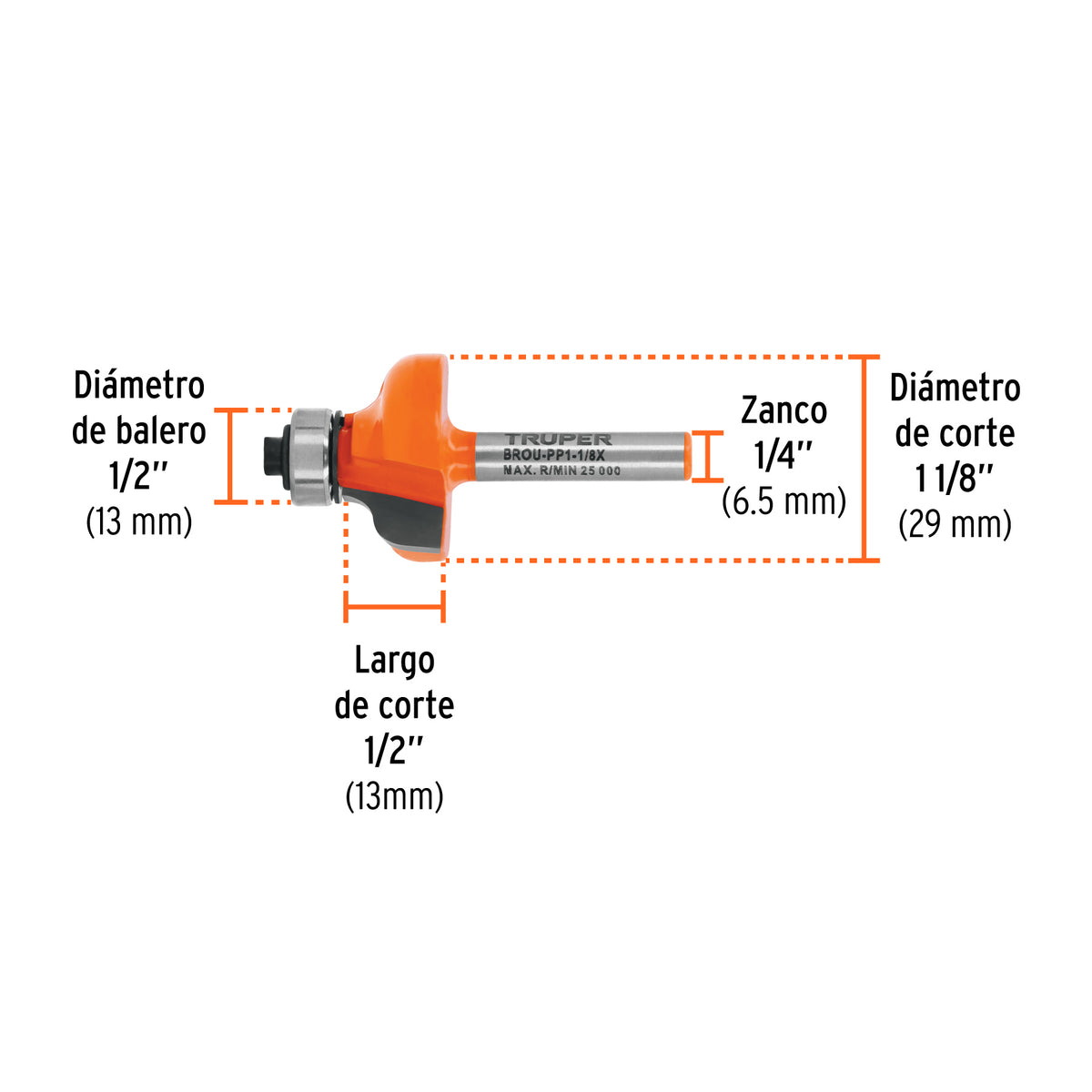 Broca para router, pecho paloma, 1-1/8" con balero