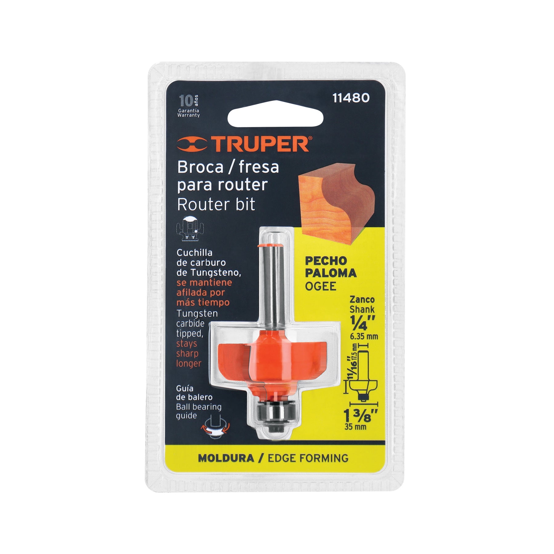 Broca para router, pecho paloma, 1-3/8" con balero