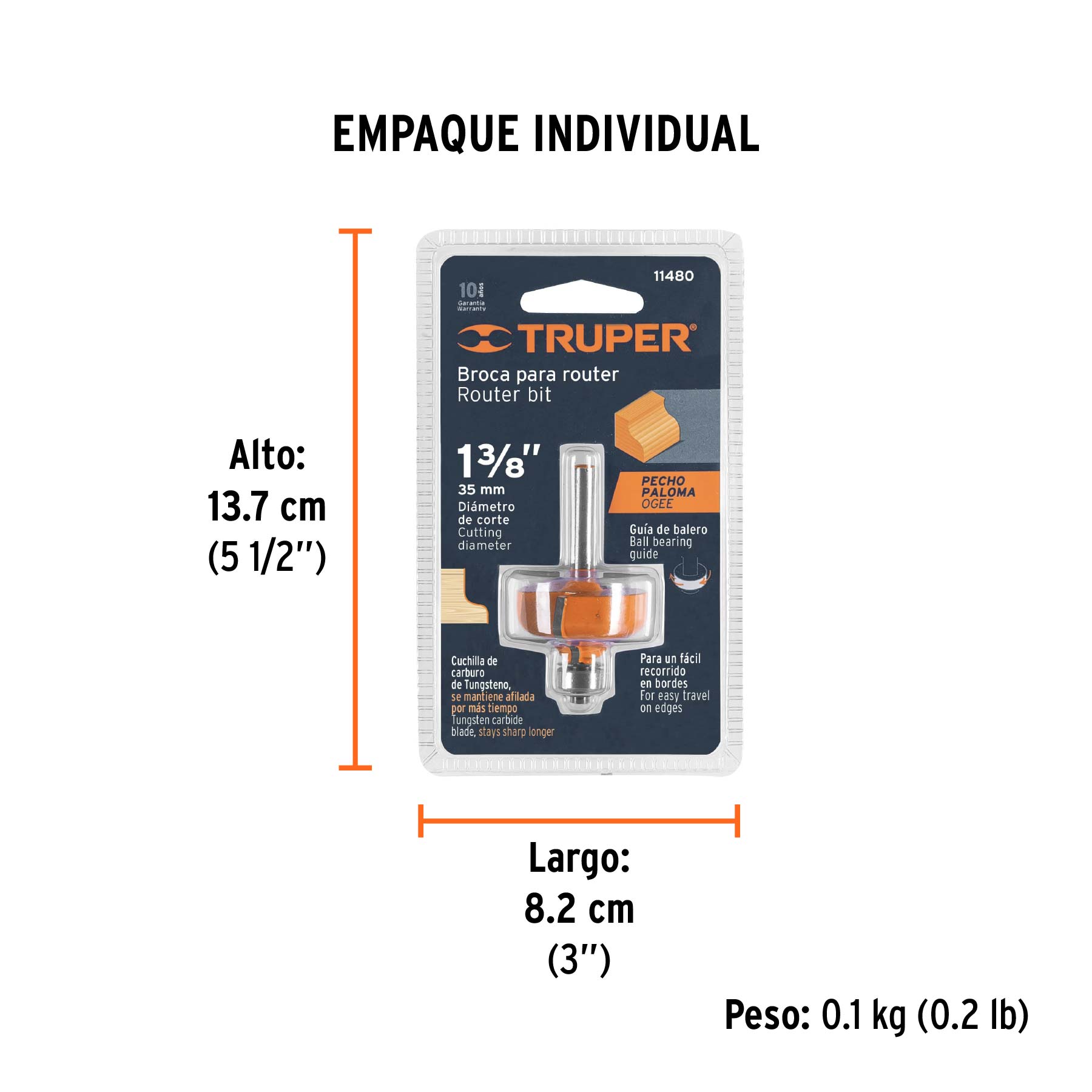 Broca para router, pecho paloma, 1-3/8" con balero