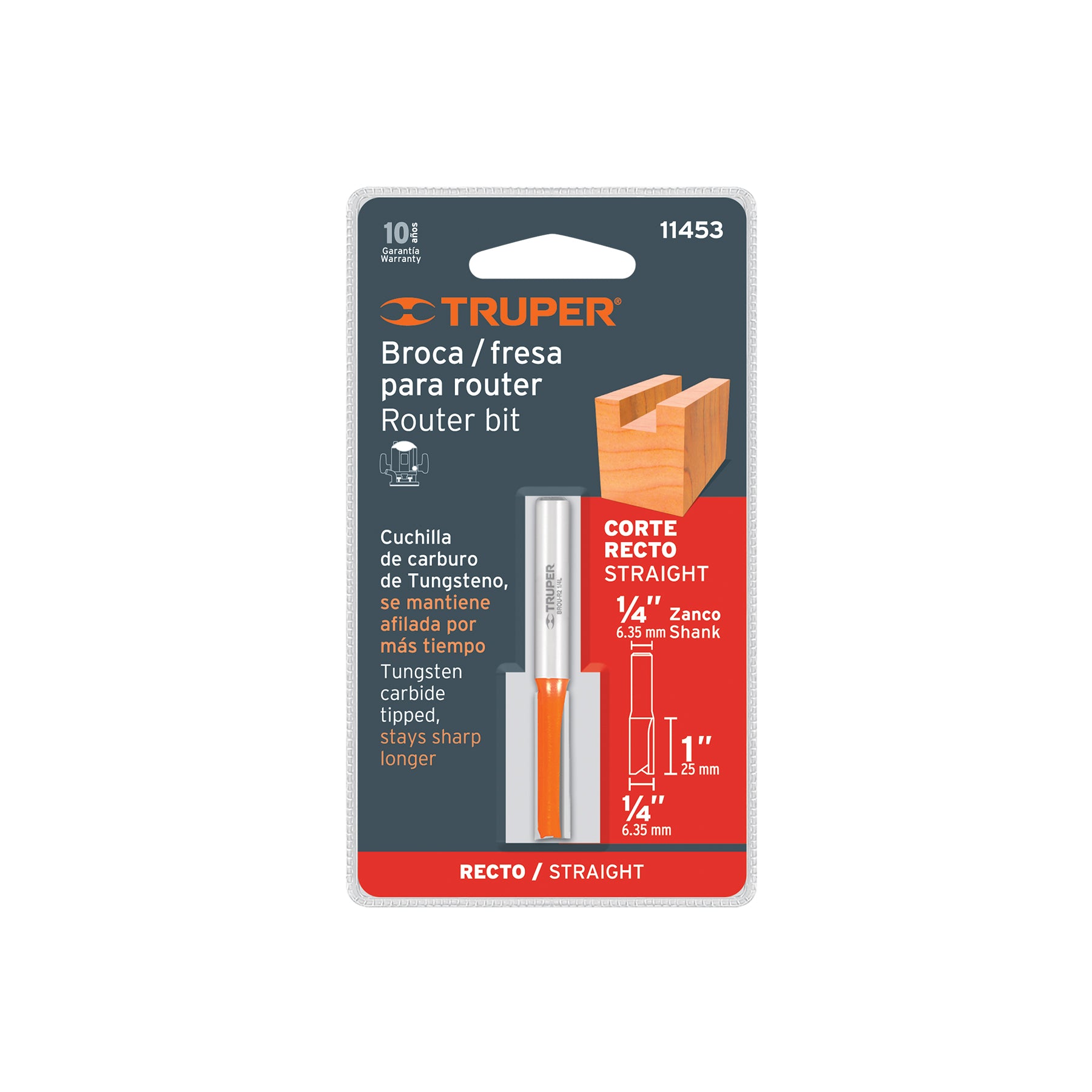 Broca para router, recta 2 filos, 1/4", larga