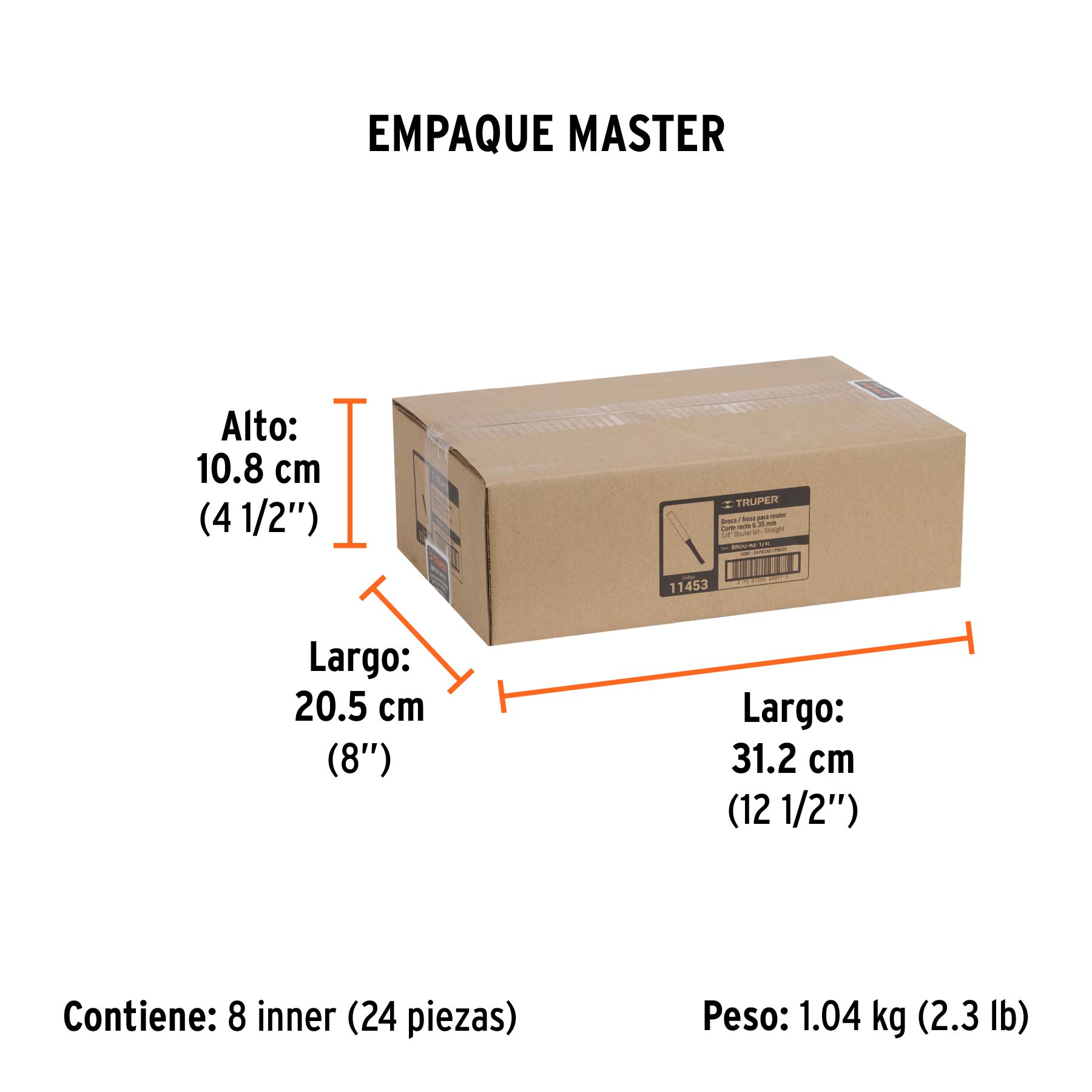 Broca para router, recta 2 filos, 1/4", larga