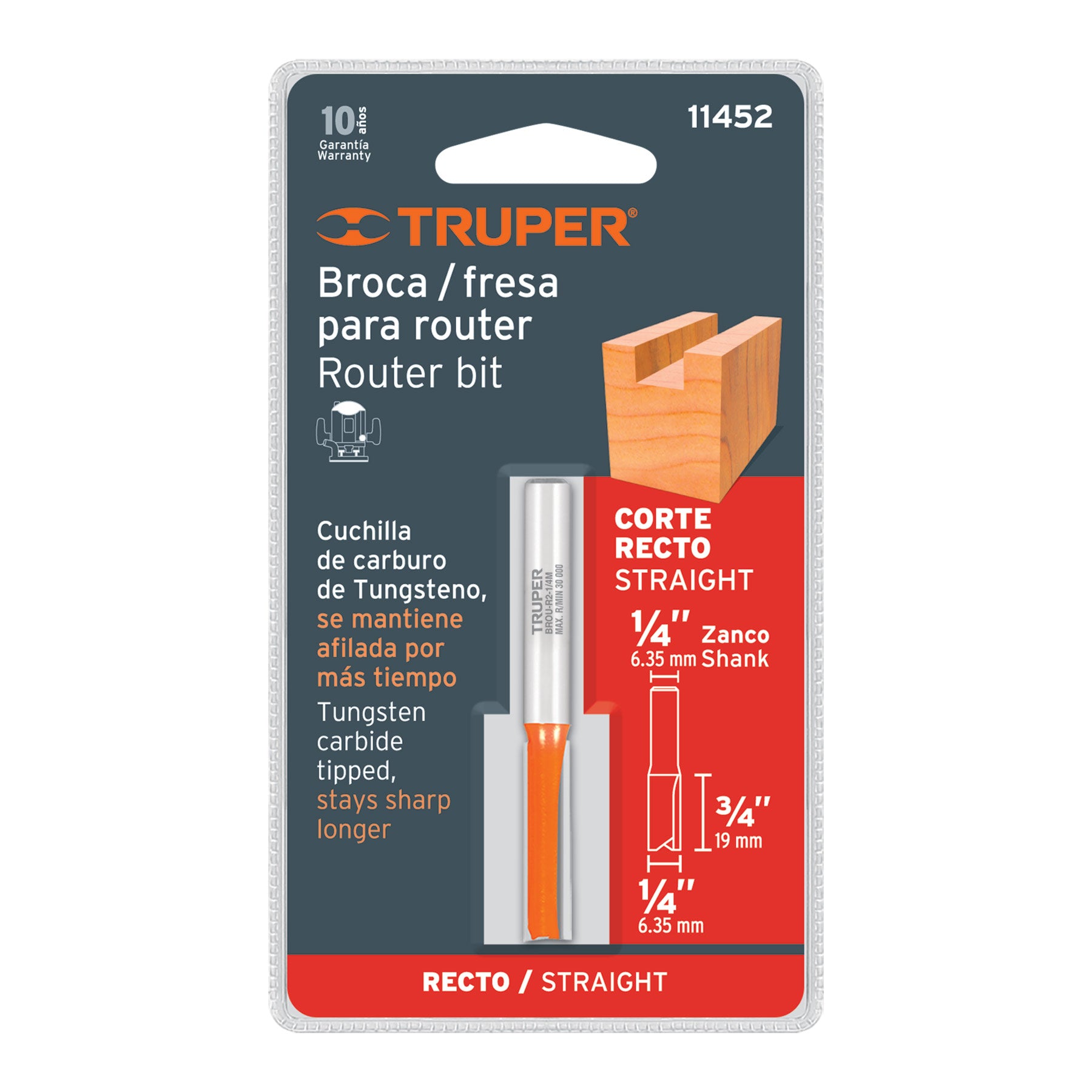 Broca para router, recta 2 filos, 1/4", mediana