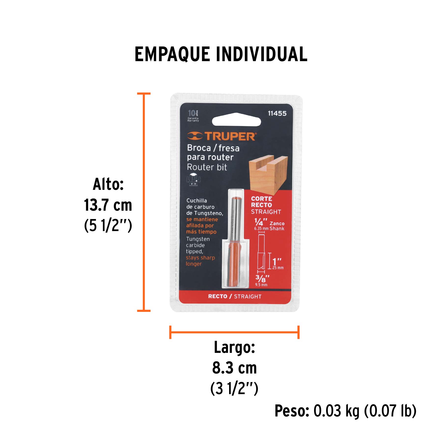 Broca para router, recta 2 filos, 3/8"