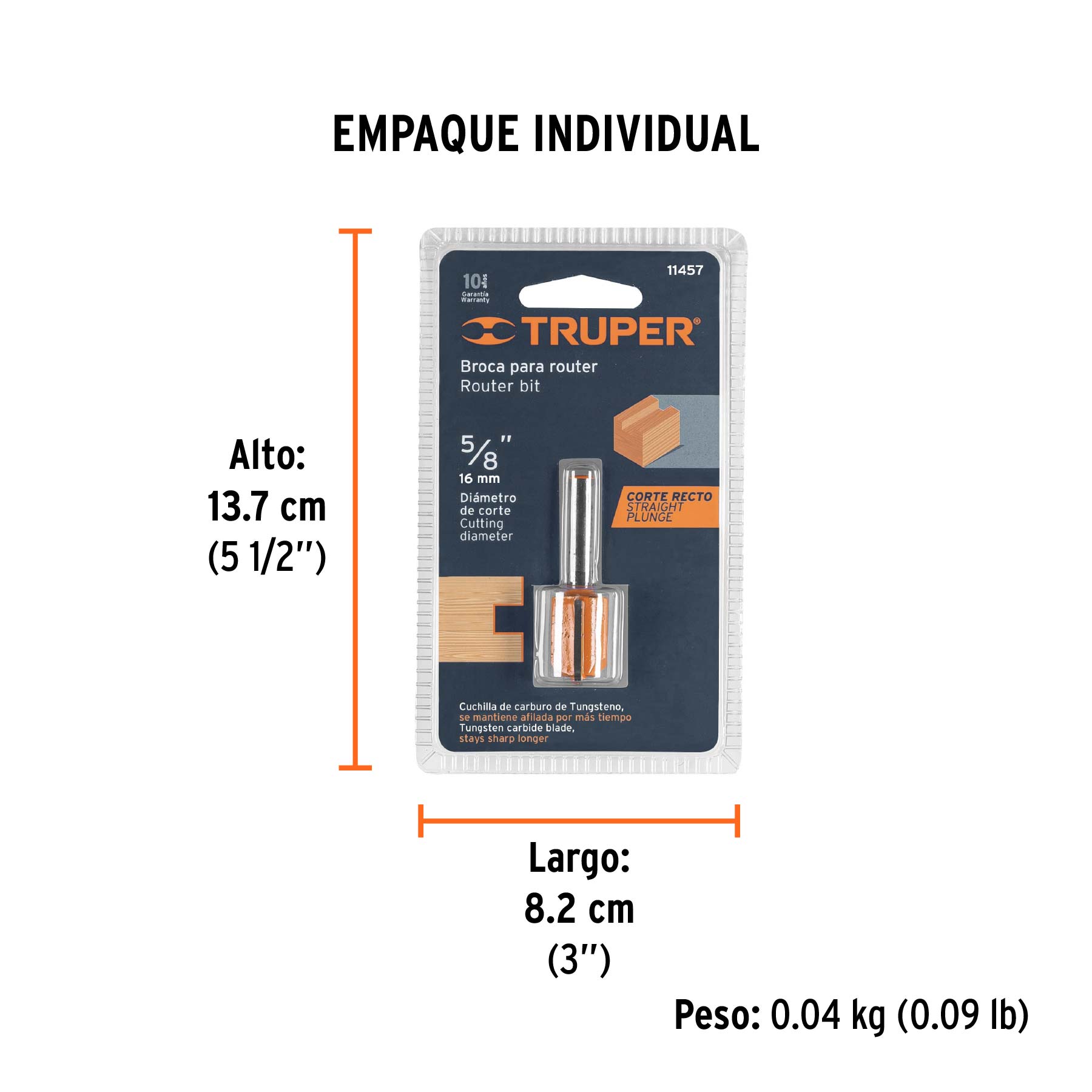 Broca para router, recta 2 filos, 5/8"