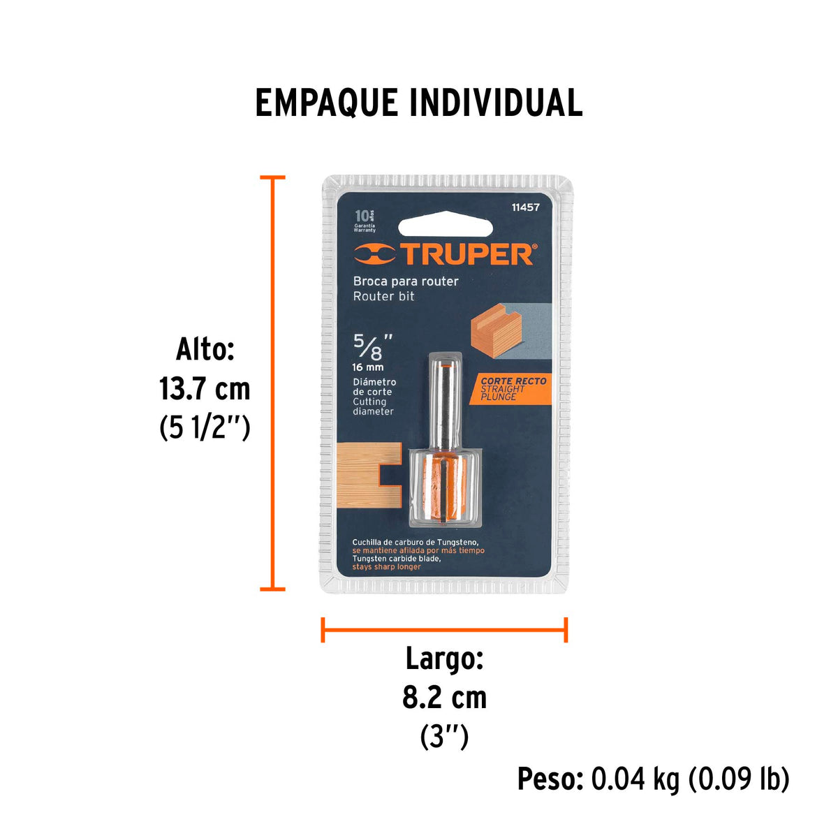 Broca para router, recta 2 filos, 5/8"