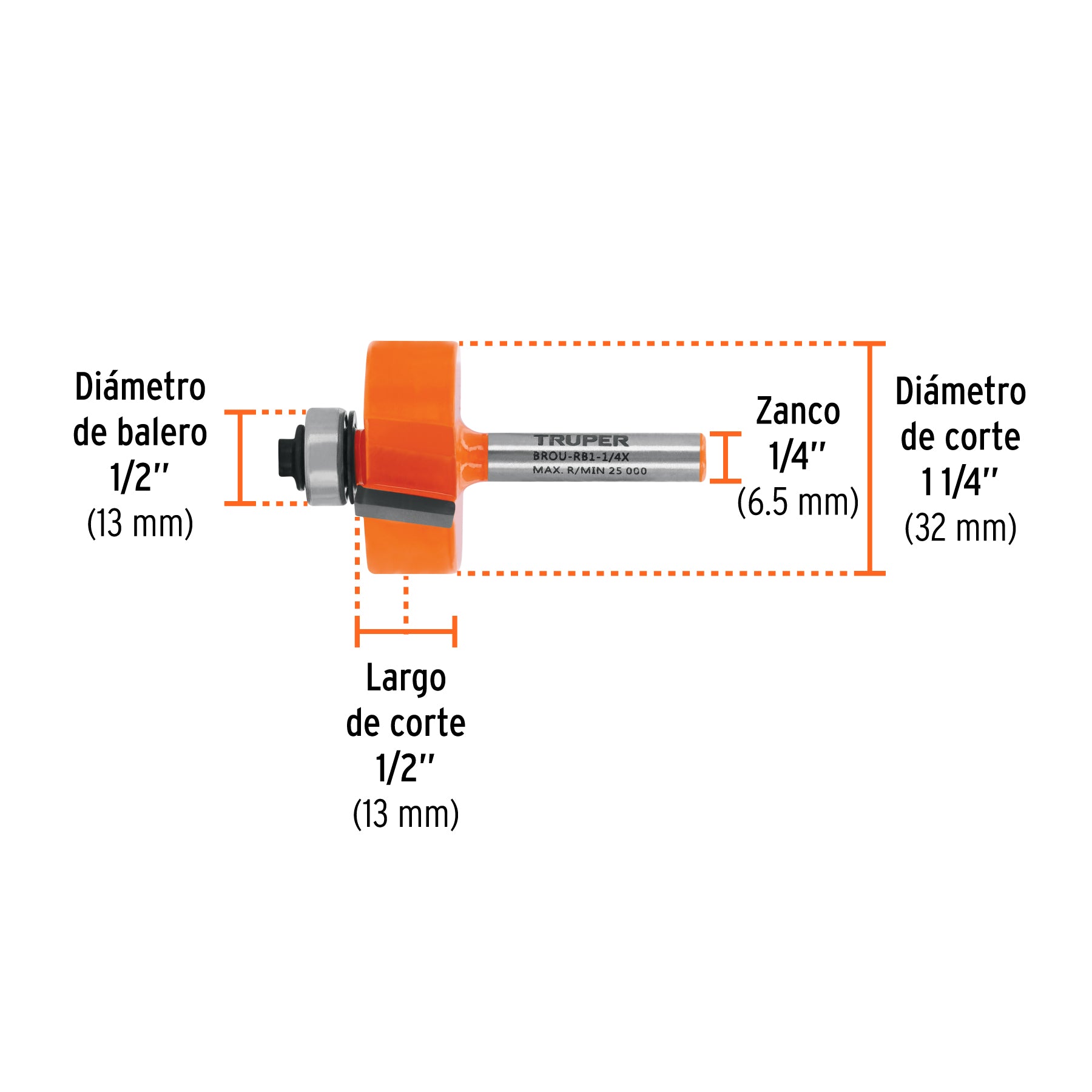 Broca para router, rebajado, 1-1/4" con balero