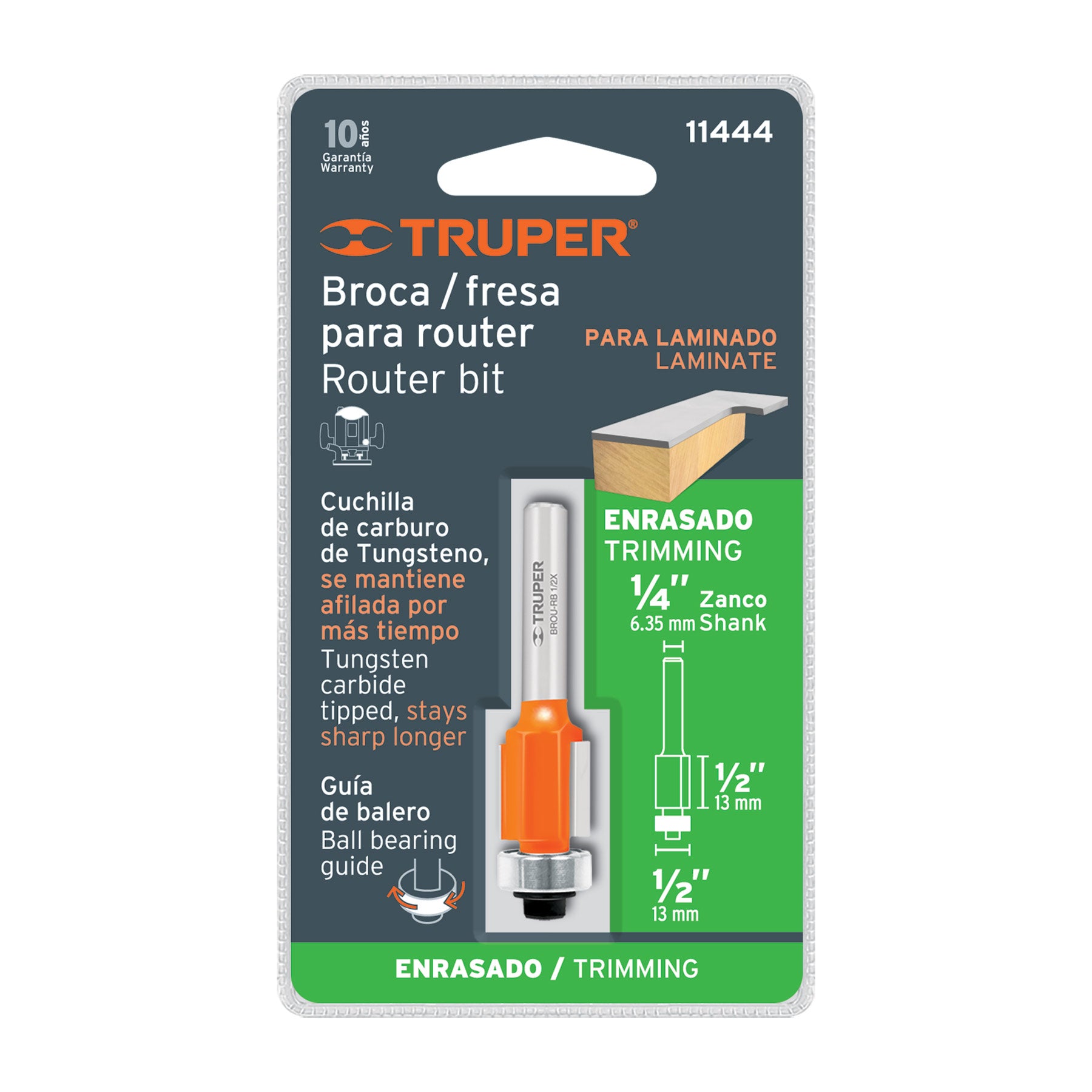 Broca para router, corte recto, 1/2" con balero