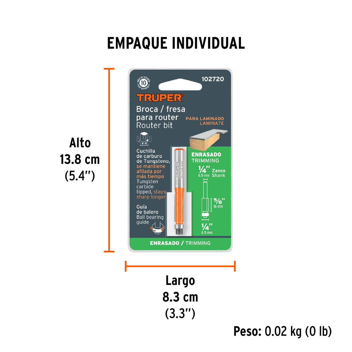 Broca para router, corte recto, 1/4' con balero