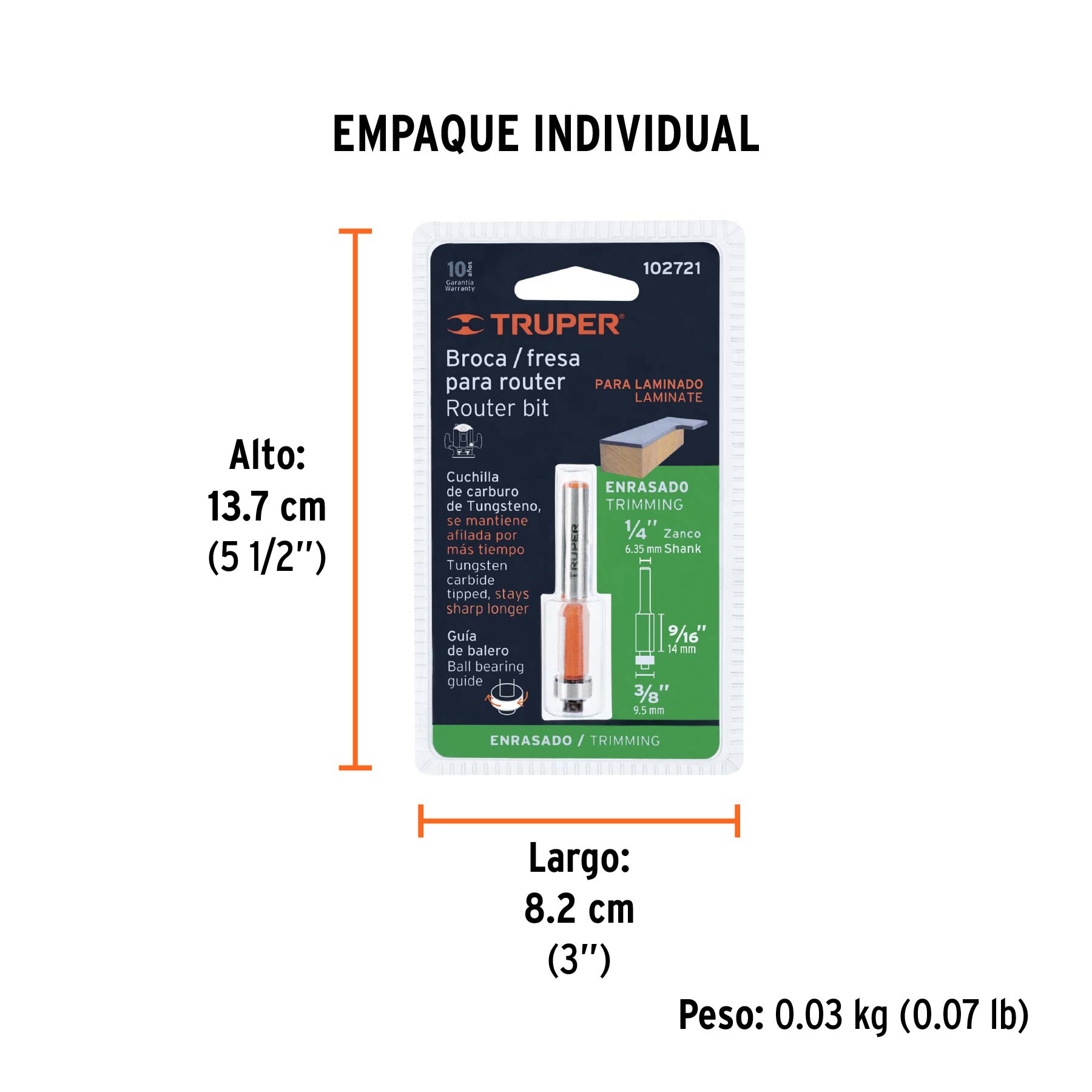 Broca para router, corte recto, 3/8' con balero