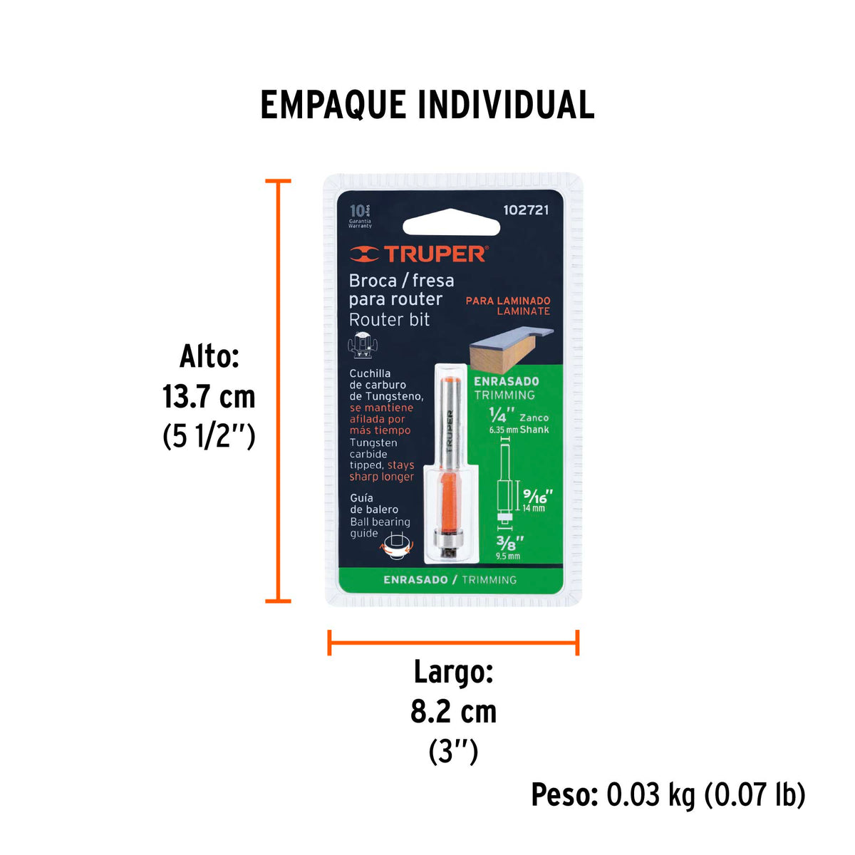 Broca para router, corte recto, 3/8' con balero