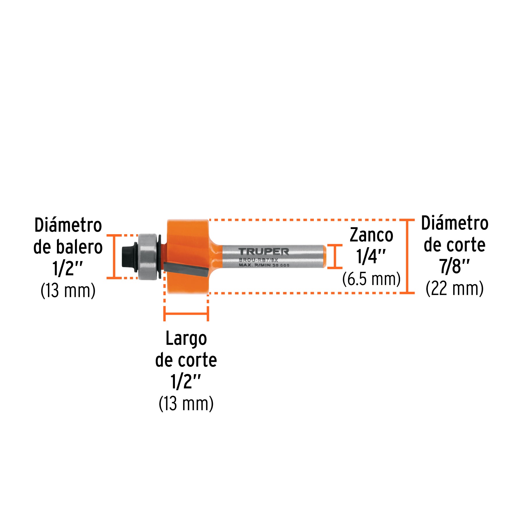 Broca para router, rebajado, 7/8' con balero