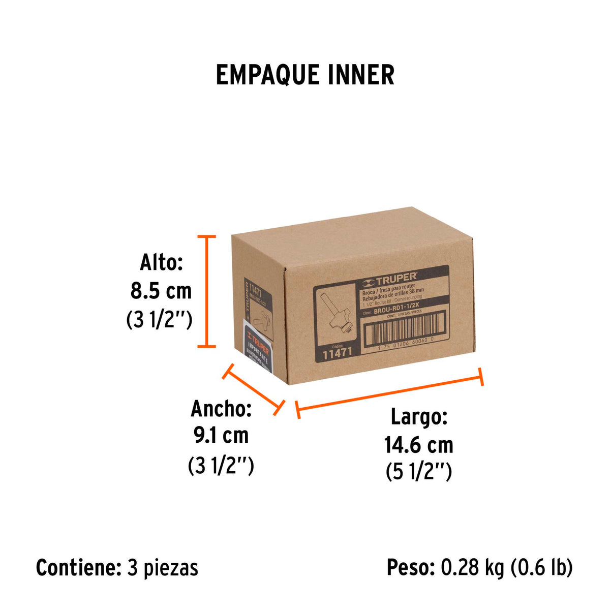 Broca para router, redondeado, 1-1/2" con balero