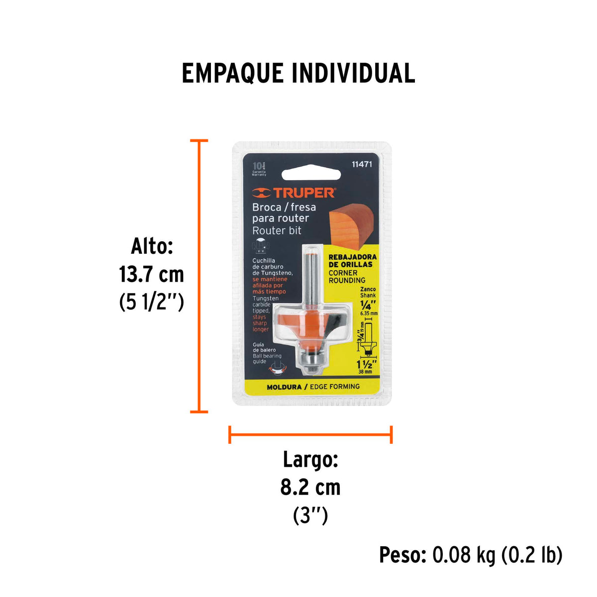 Broca para router, redondeado, 1-1/2" con balero