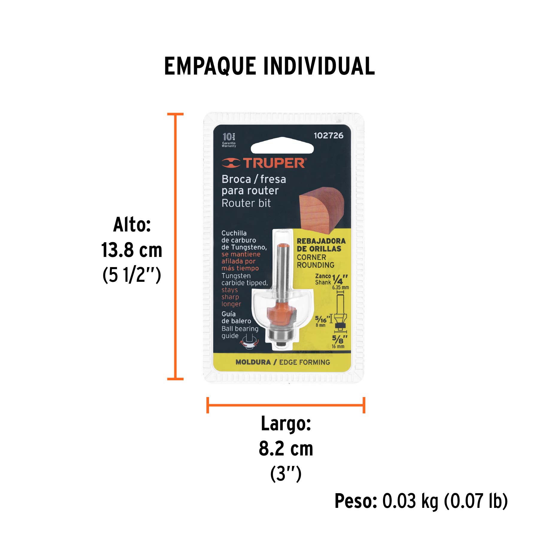 Broca para router, redondeado, 5/8' con balero