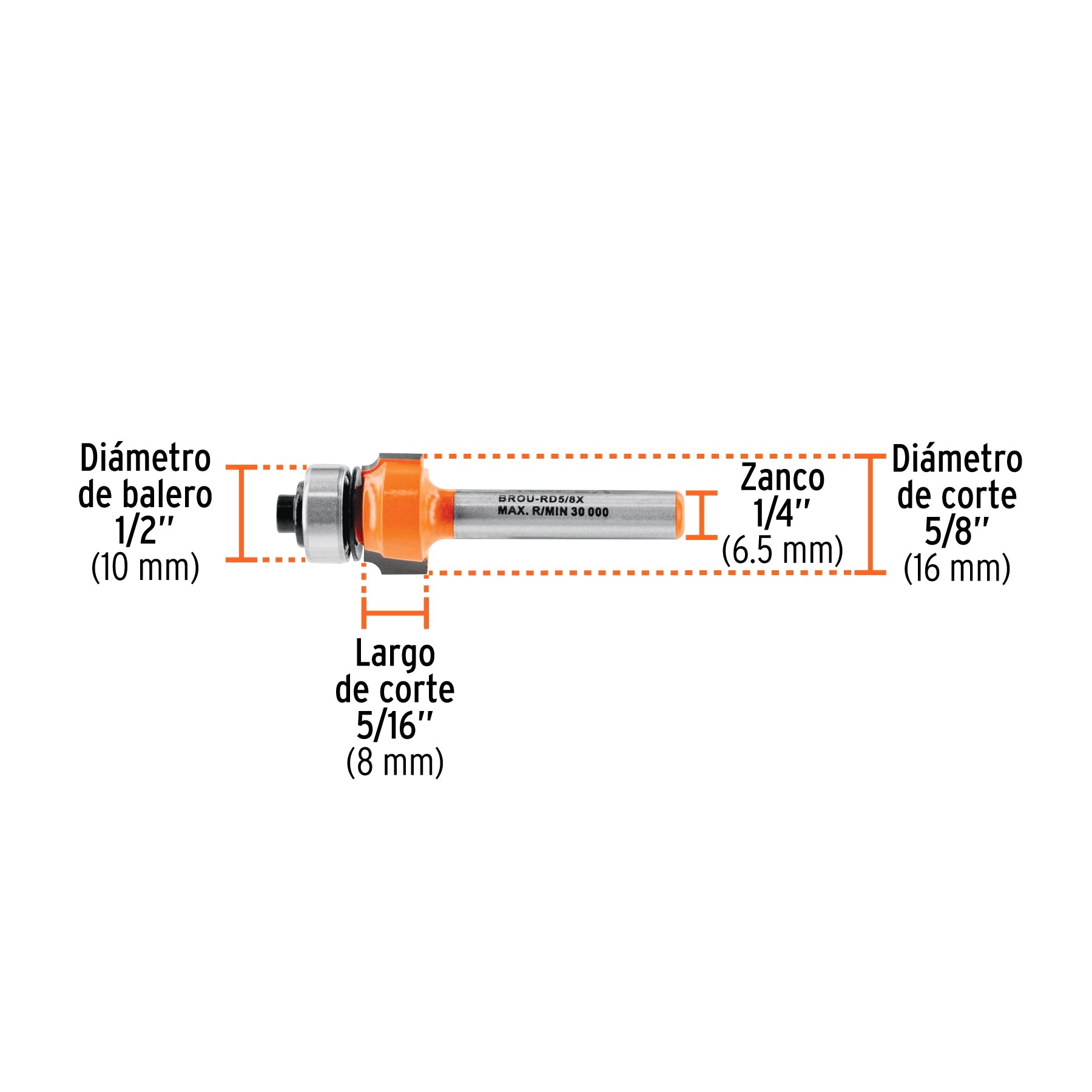 Broca para router, redondeado, 5/8' con balero
